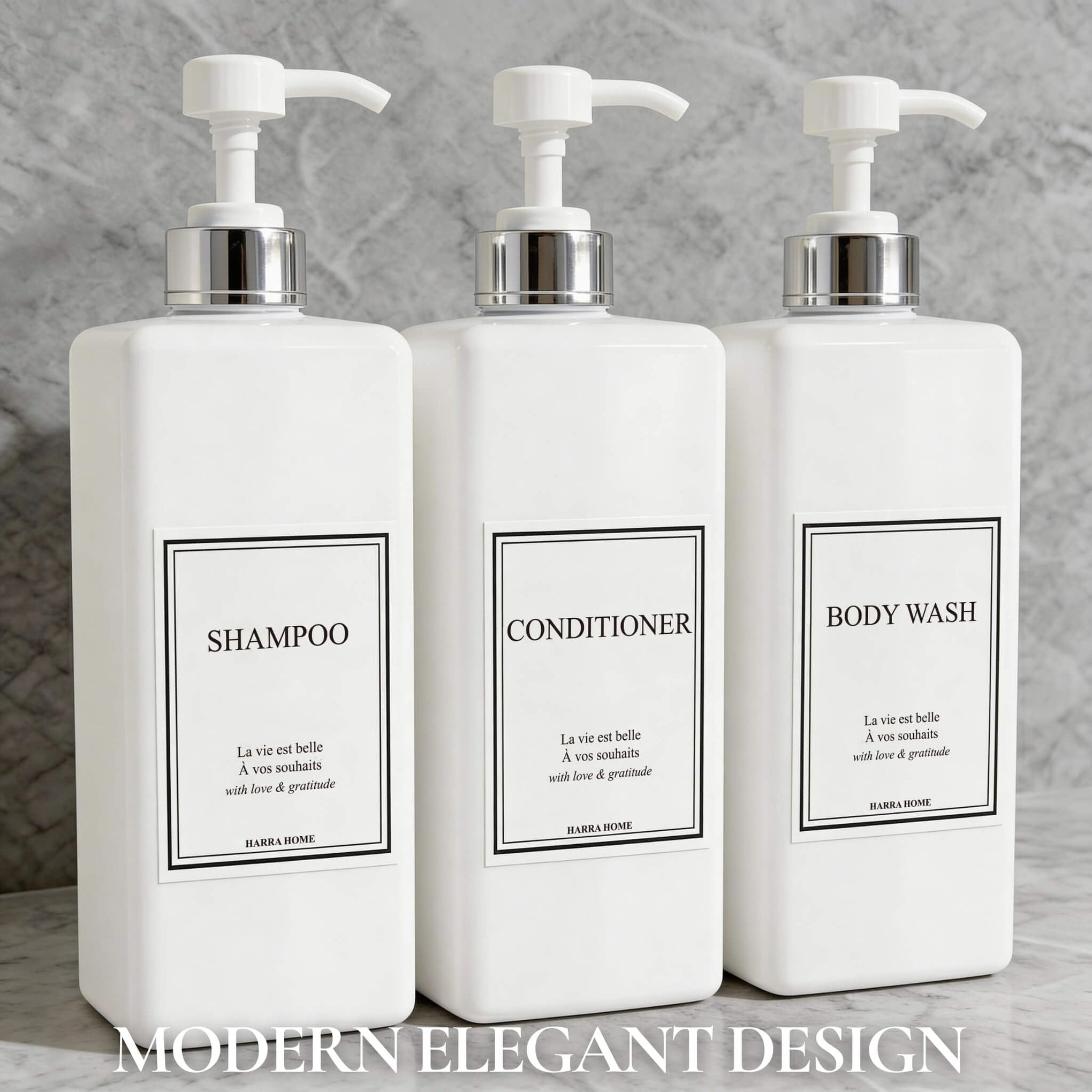 Modern Gold Design Pump Bottle Set 27 oz Refillable Shampoo and Conditioner Dispenser Empty Shower Plastic Bottles with Pump for Bathroom Lotion Body wash (3 Count)
