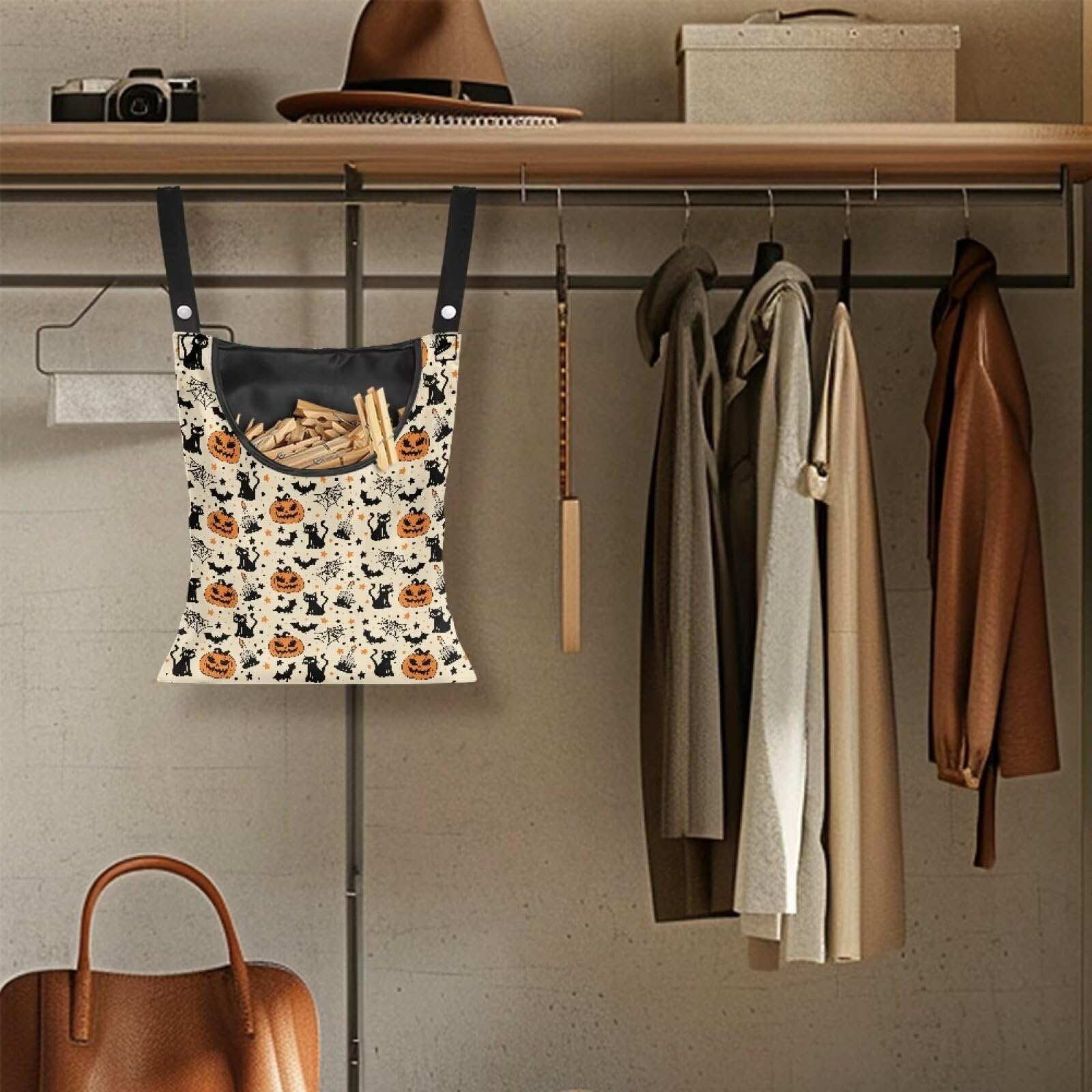 Cream Pumpkin Clothespin Organizer Bag Halloween Clothespin Bags with Hanging Hook Waterproof Clothes Pin Storage Organizer with Large Opening Clothespins Bag for Clothesline Outdoor