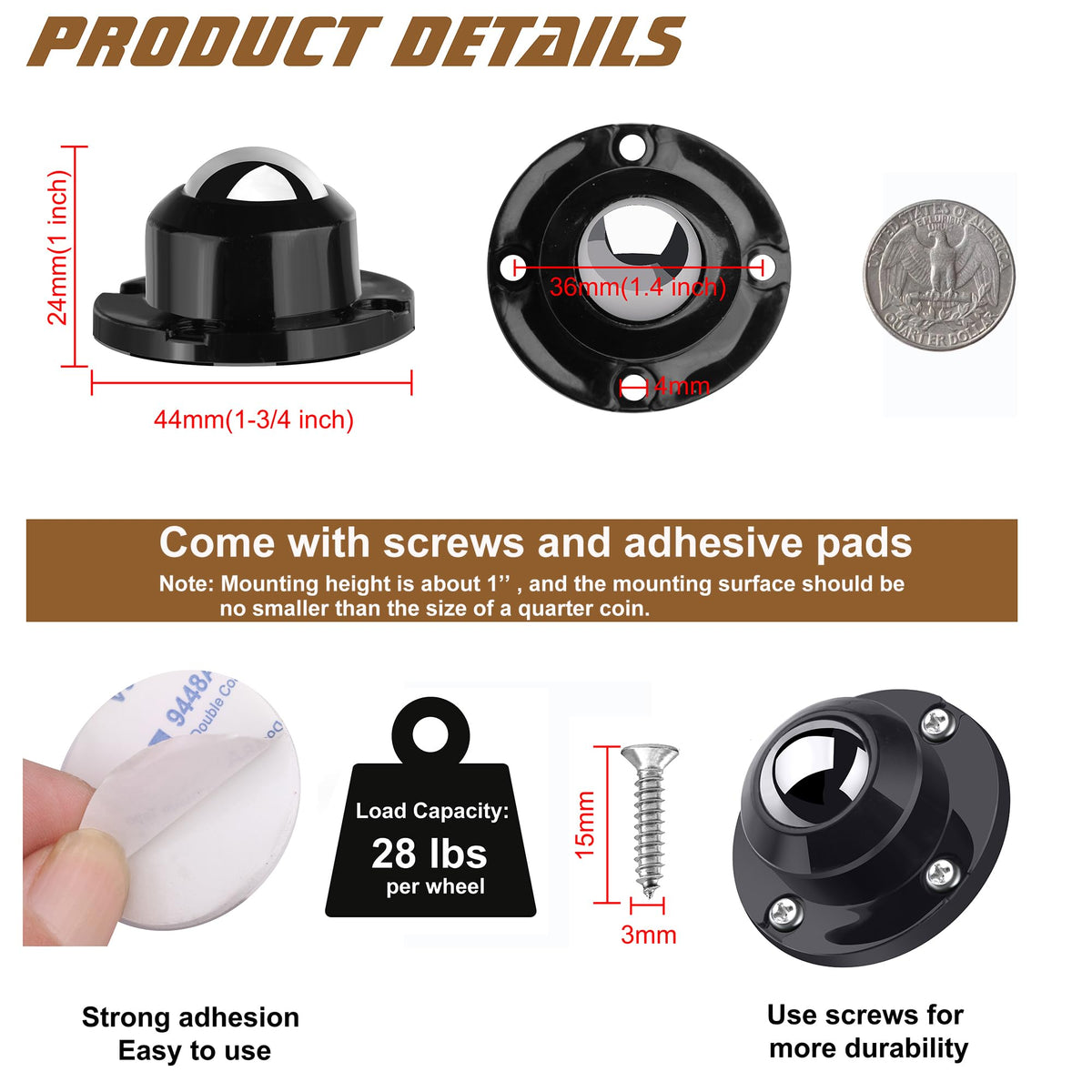 8 Pack 1 Inch Self Adhesive Caster Wheels for Furniture (8 Count)
