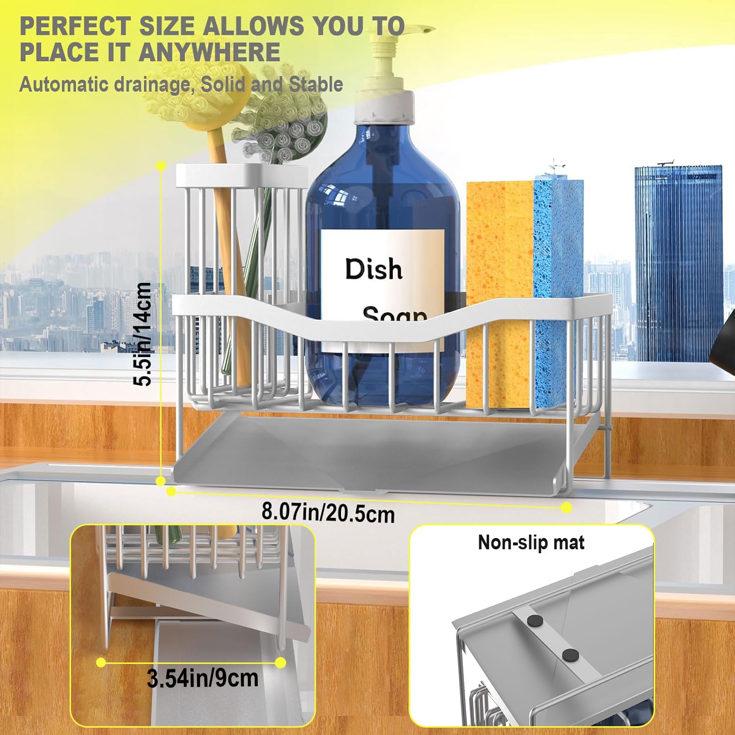 Maifan Sink Caddy Sponge Holder for Kitchen with Brush Holder and Stainless Steel Self Drain Tray