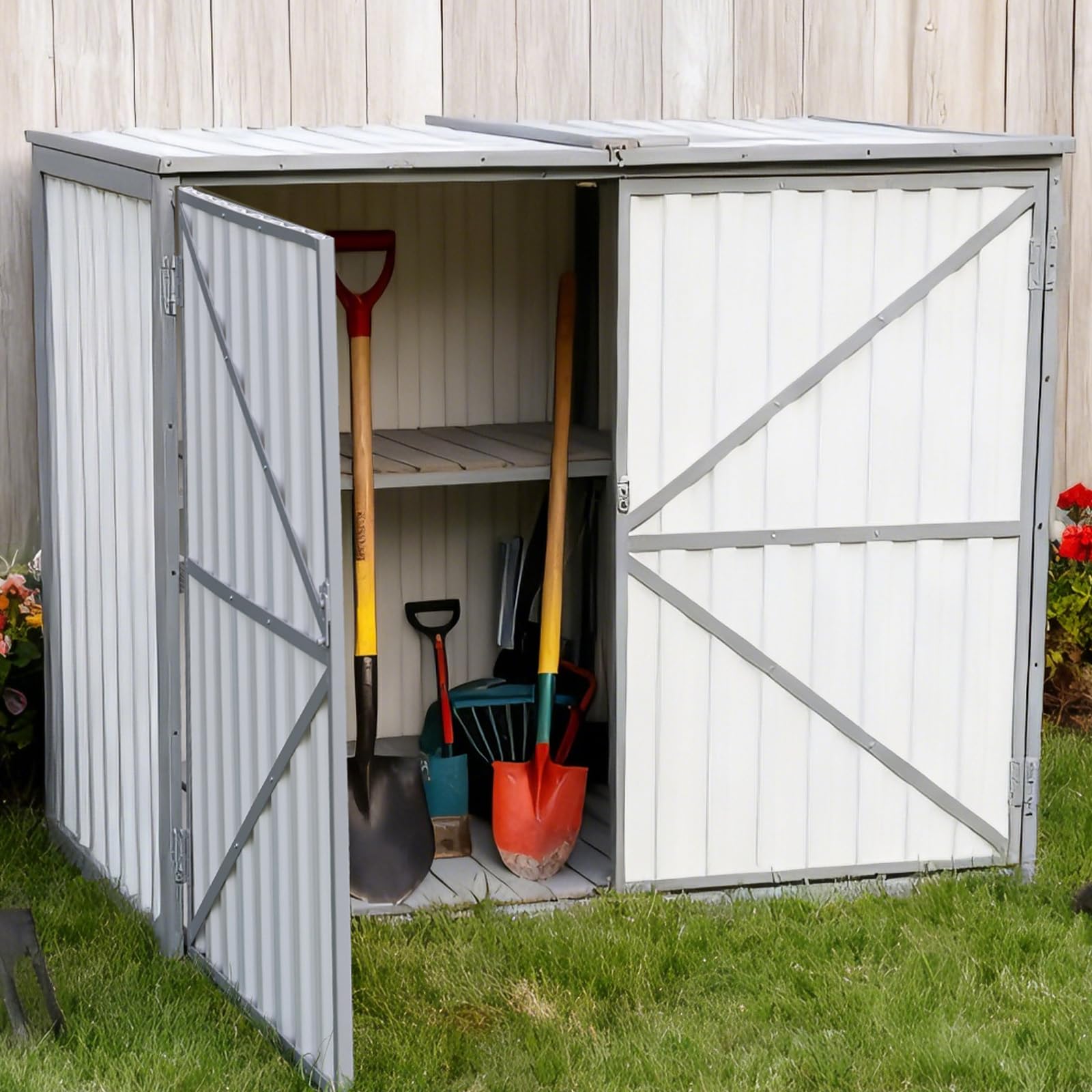 Outdoor Storage Cabinet Trash Can Storage Shed Upgraded with Metal Frame for Garbage Can