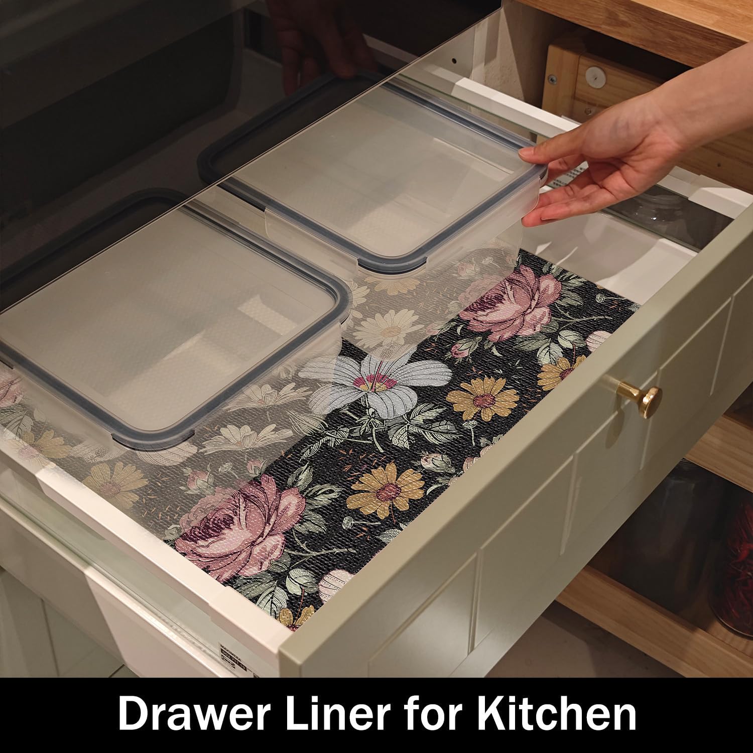 Black Retro Floral Shelf Drawer Liner for Kitchen 16IN x 10FT (12.96 Sq Ft)