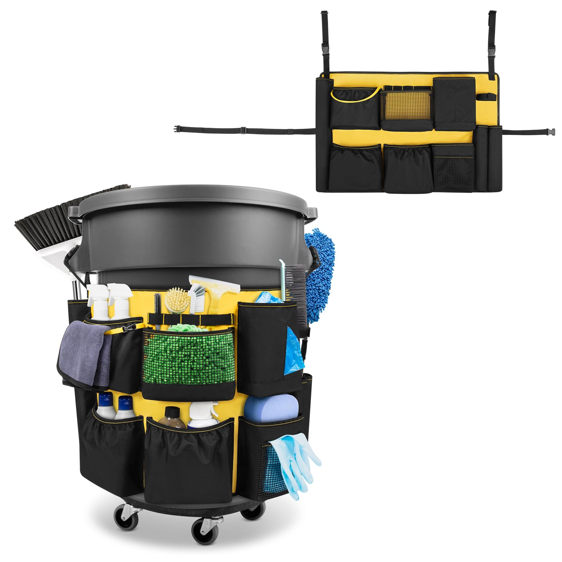 32 55 Gallon Trash Can Caddy Bag with Multi Pockets for Clean Tools