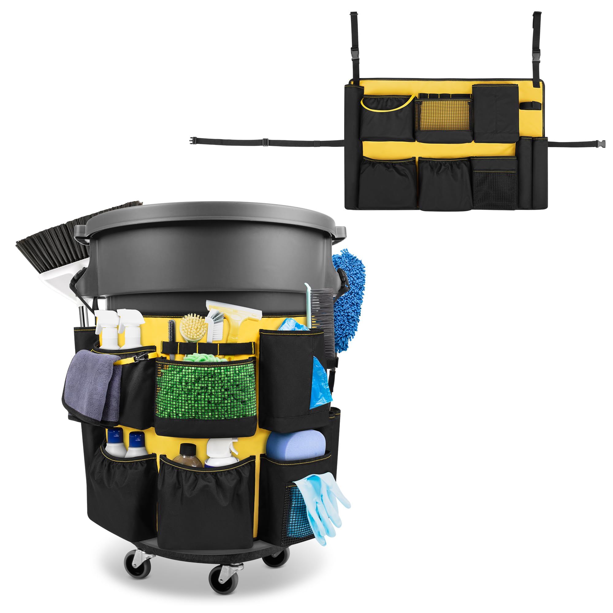 32 55 Gallon Trash Can Caddy Bag with Multi Pockets for Clean Tools