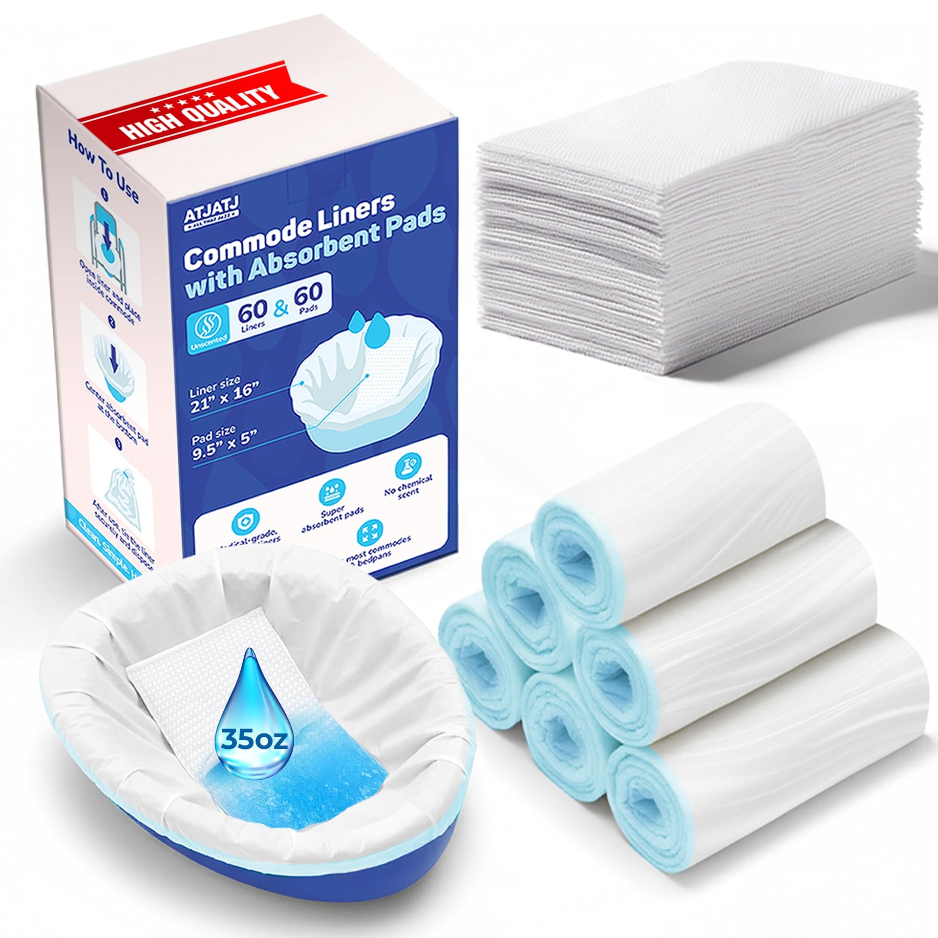 60 Packs Commode Liners With 60 Absorbent Pads (120 Count)
