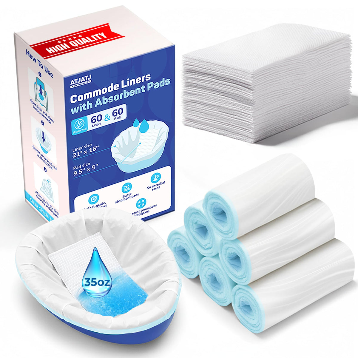 60 Packs Commode Liners With 60 Absorbent Pads (120 Count)