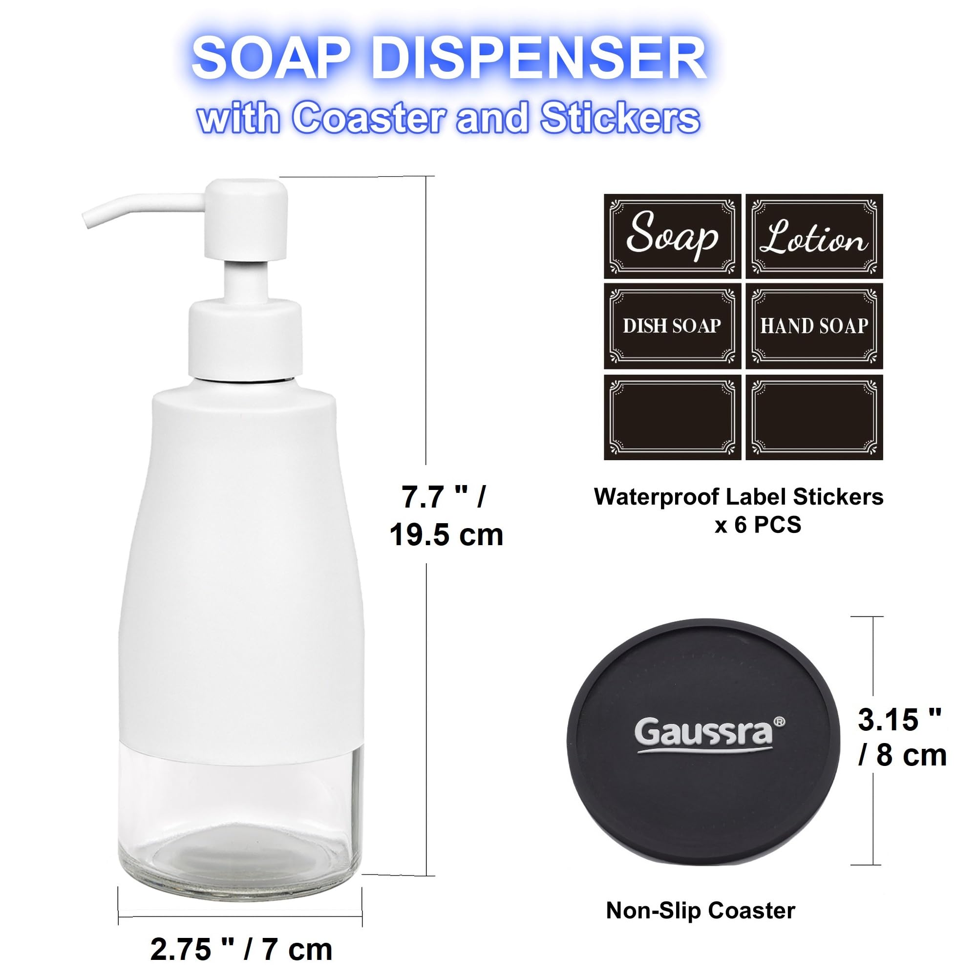 White Soap Dispenser with Coaster and Stickers