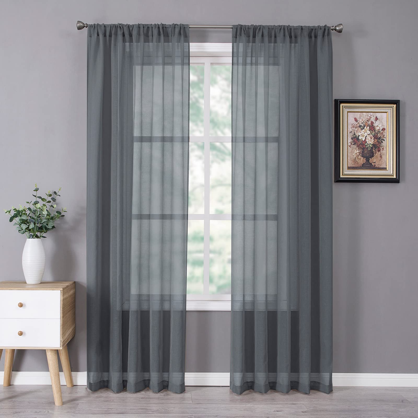 Sheer Curtain Linen Textured Bedroom Curtains Sheer Light Filtering Rod Pocket Voile Curtain for Living Room (2 Count)