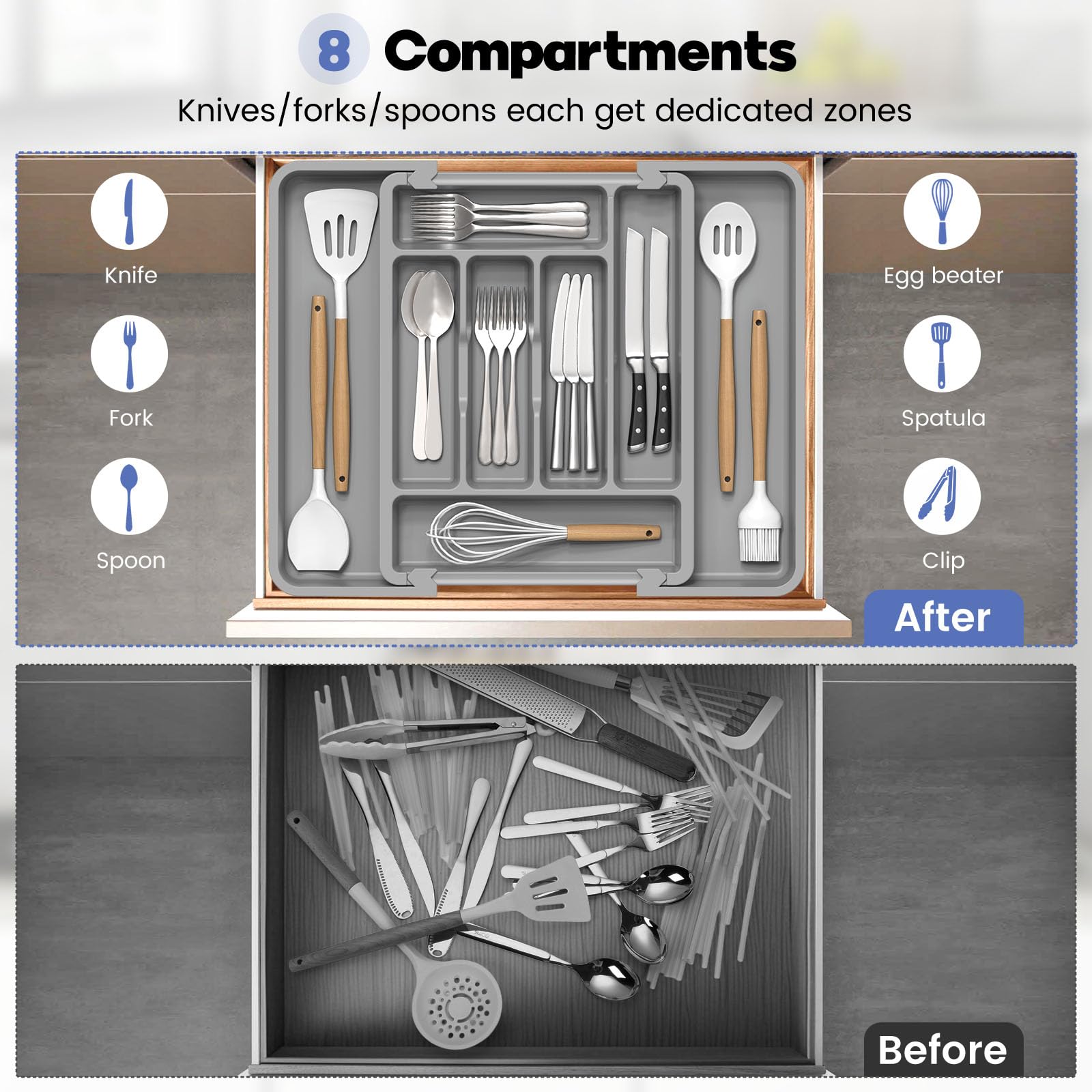 Large Silverware Organizer for Kitchen Drawer & Utensils