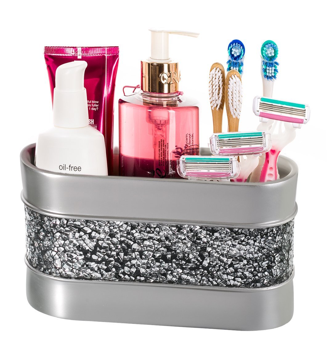 Crackled Glass Silver Toothbrush and Toothpaste Holder for Bathroom