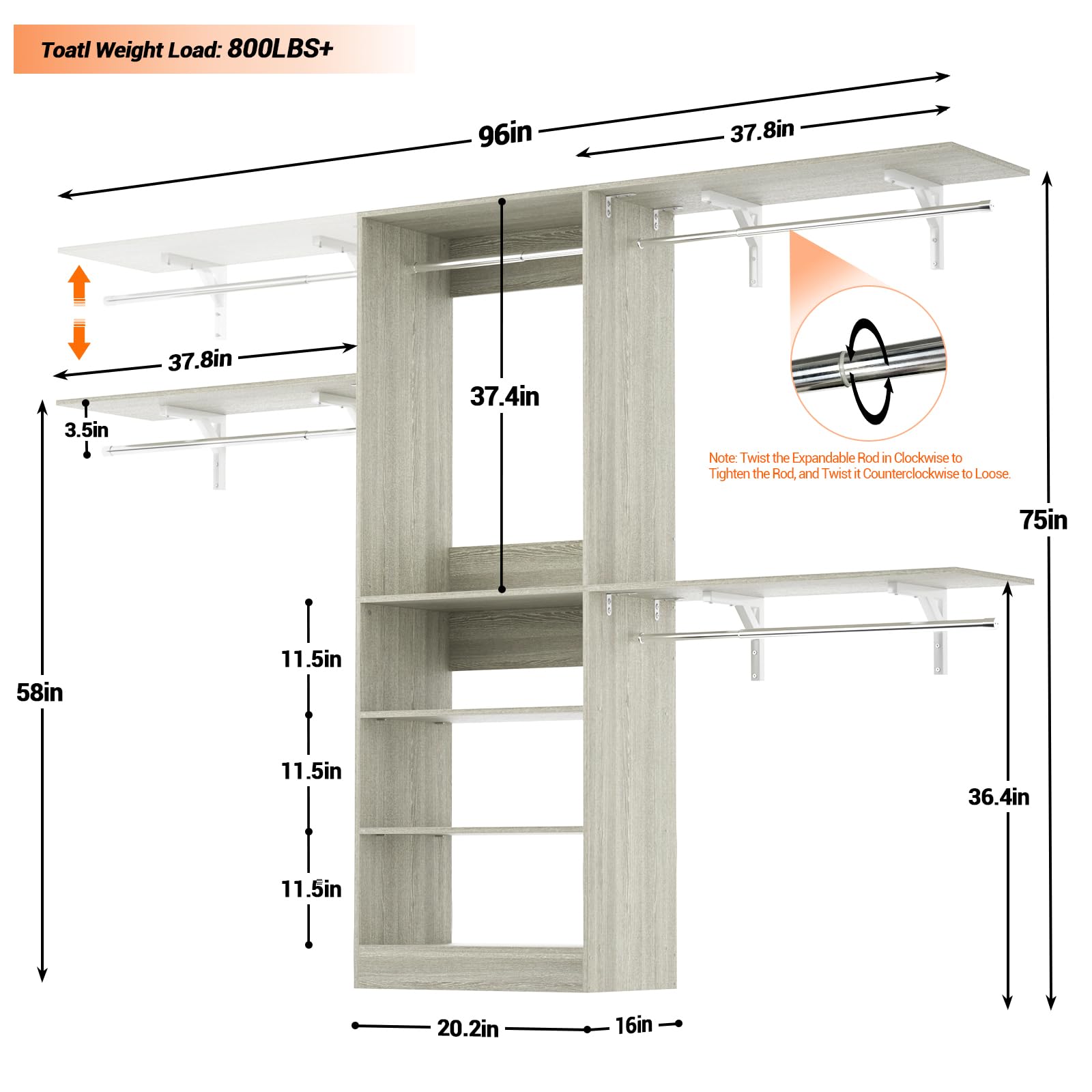 8FT Closet System with 3 Wooden Storage Shelves