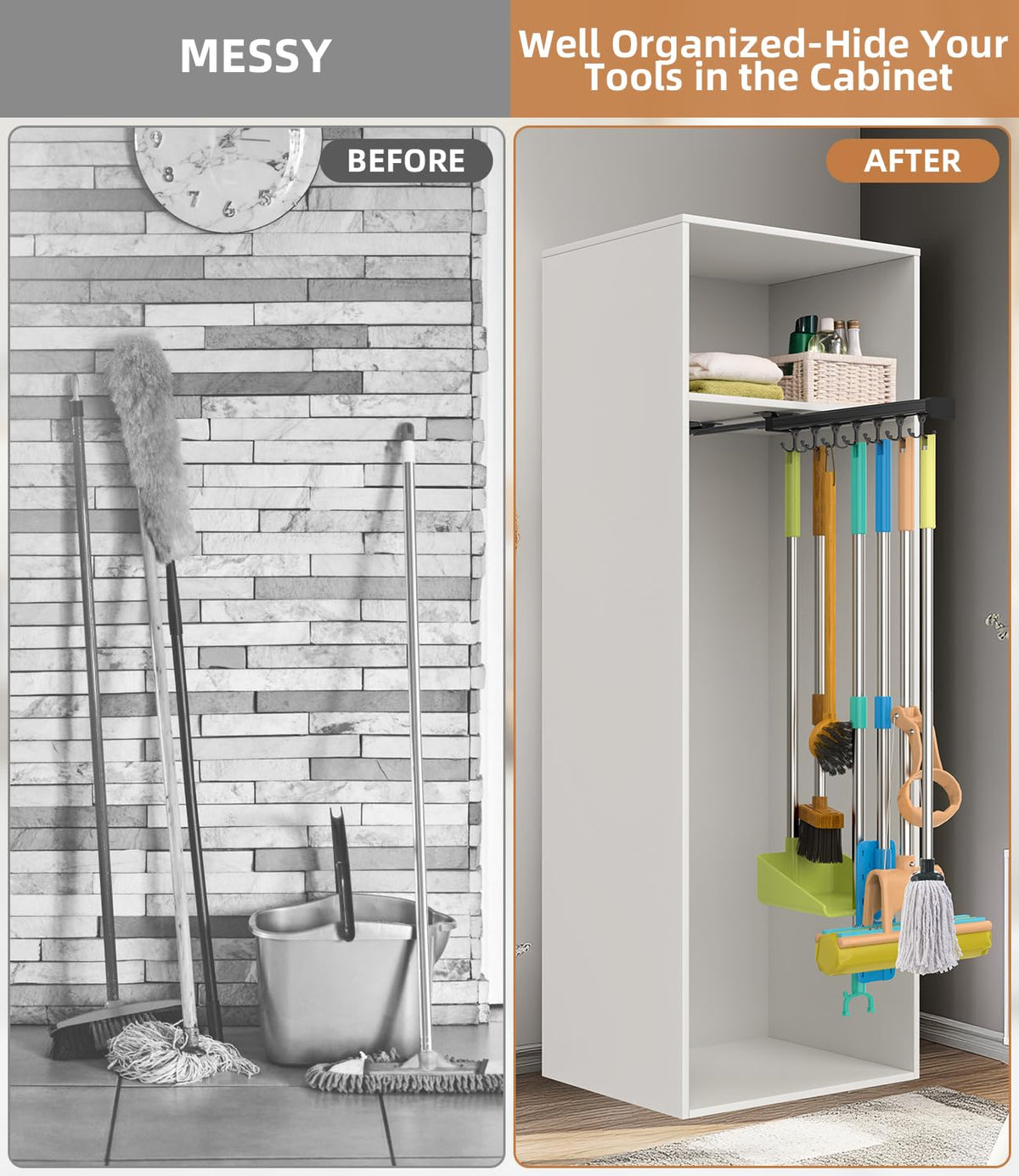 Pull Out Broom Holder With Adjustable Double Row Sliding Hook