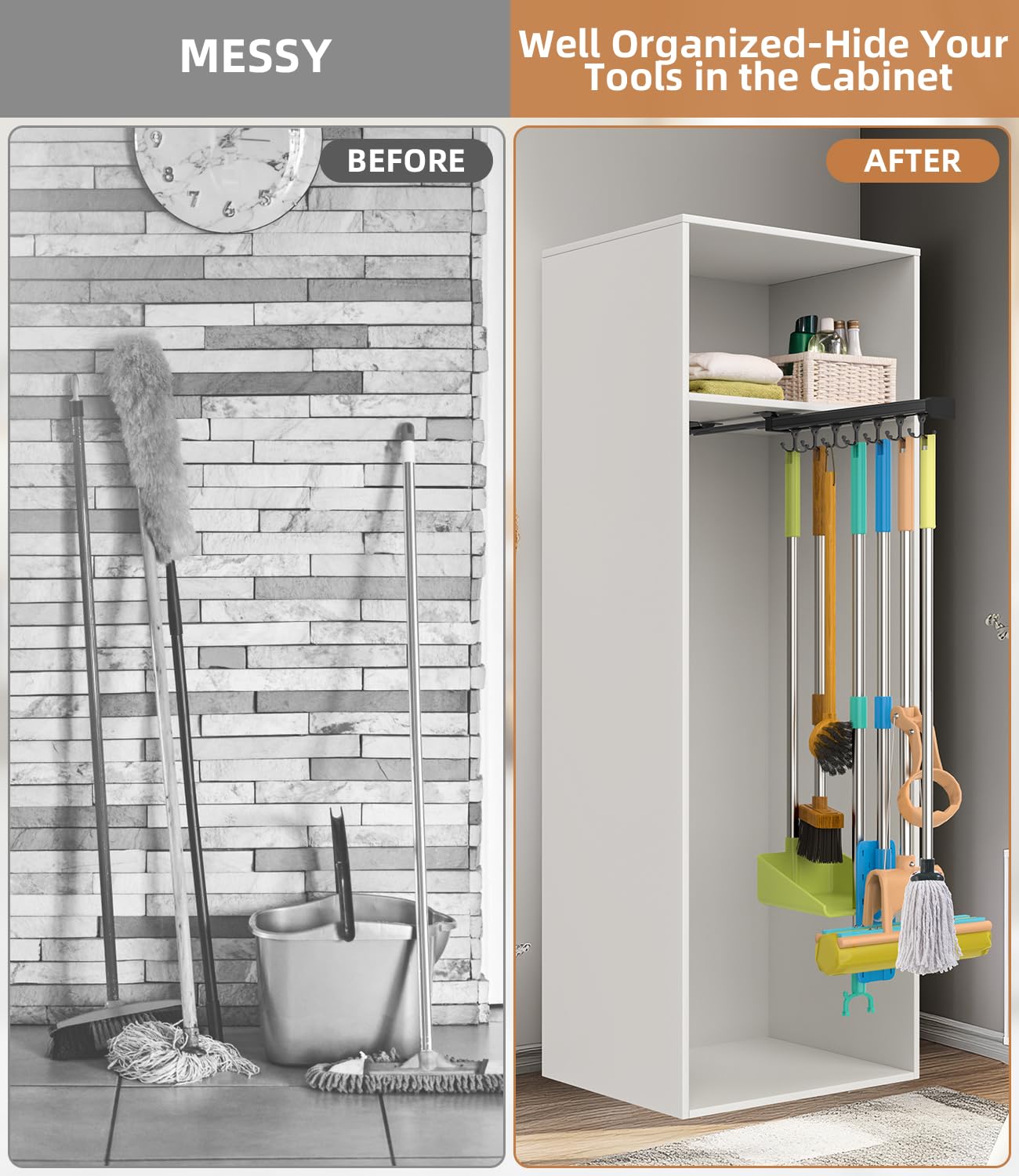 Pull Out Broom Holder With Adjustable Double Row Sliding Hook