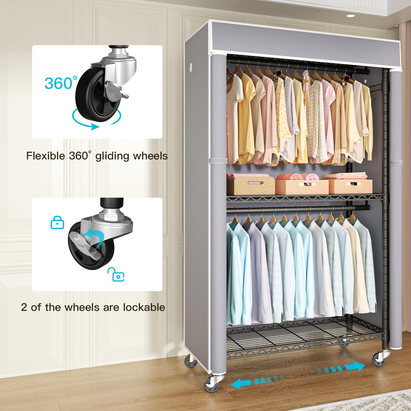 Black Clothing Rack with Grey Cover