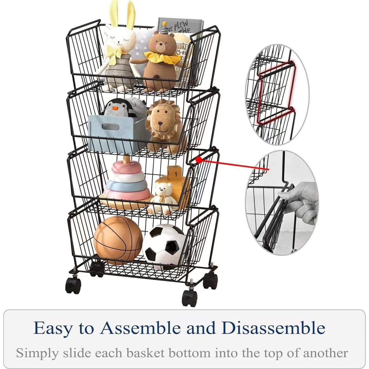 4 Tier Spacious Stackable Wire Storage Baskets with Wheels