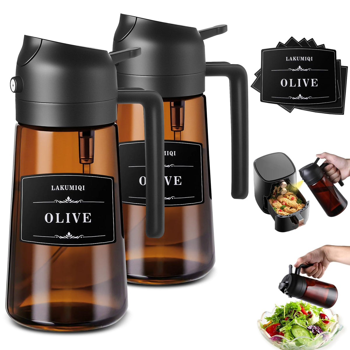 Oliver Oil Sprayer Dispenser for Cooking Bottle 16oz Dark Glass 2pcs Black (2 Count)