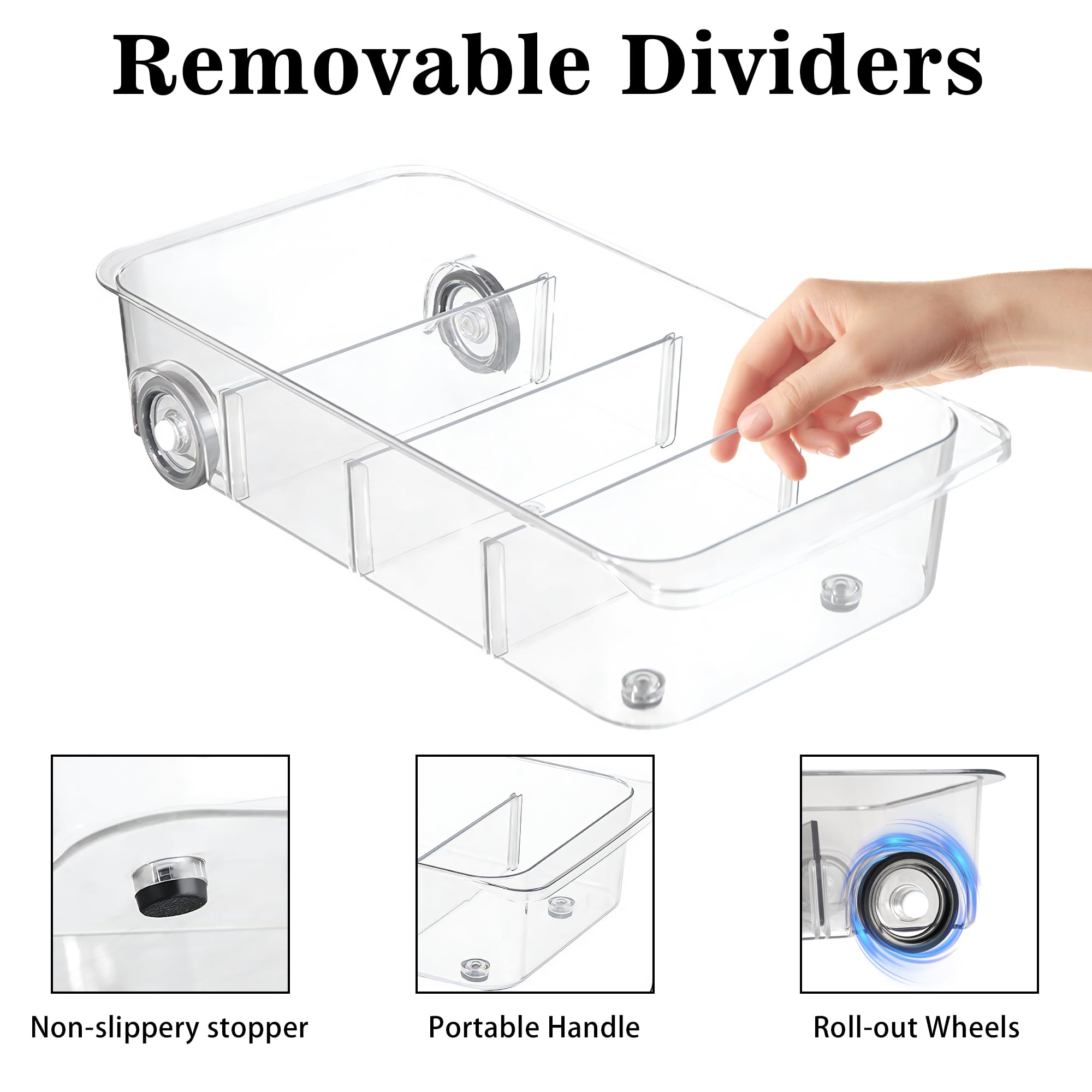 2Pack Roll Out Fridge Caddy Bins Pull Out Drawer with Wheels Refrigerator Organizer Bins with Handles Divided Fruit Caddy for Fridge Pantry Cabinet Storage Cans Drinks