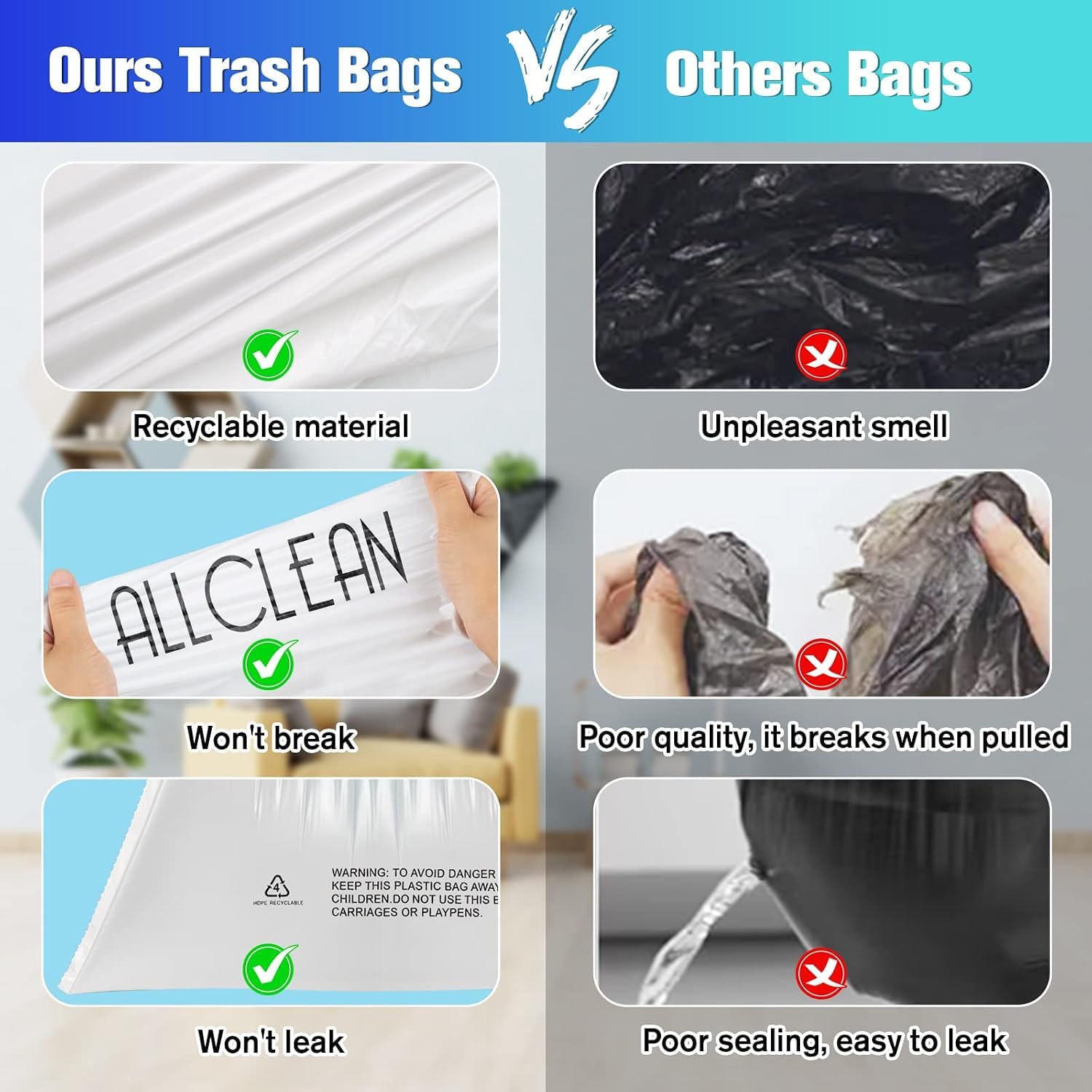 Trash Bags 10 Gallon Medium Kitchen Drawstring Garbage Bag Fit 8