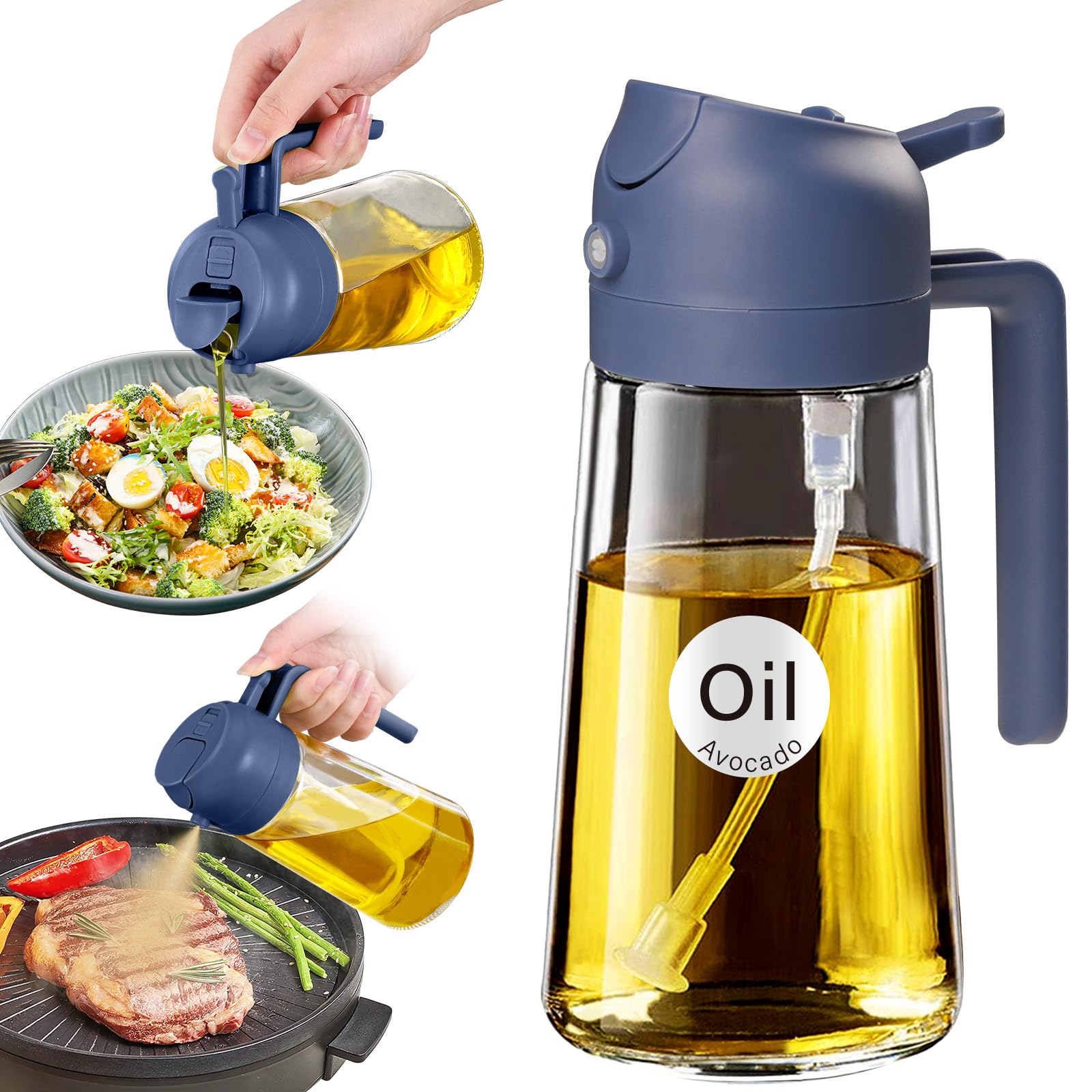 16 oz 2-in-1 Glass Olive Oil Sprayer for Cooking, Navy