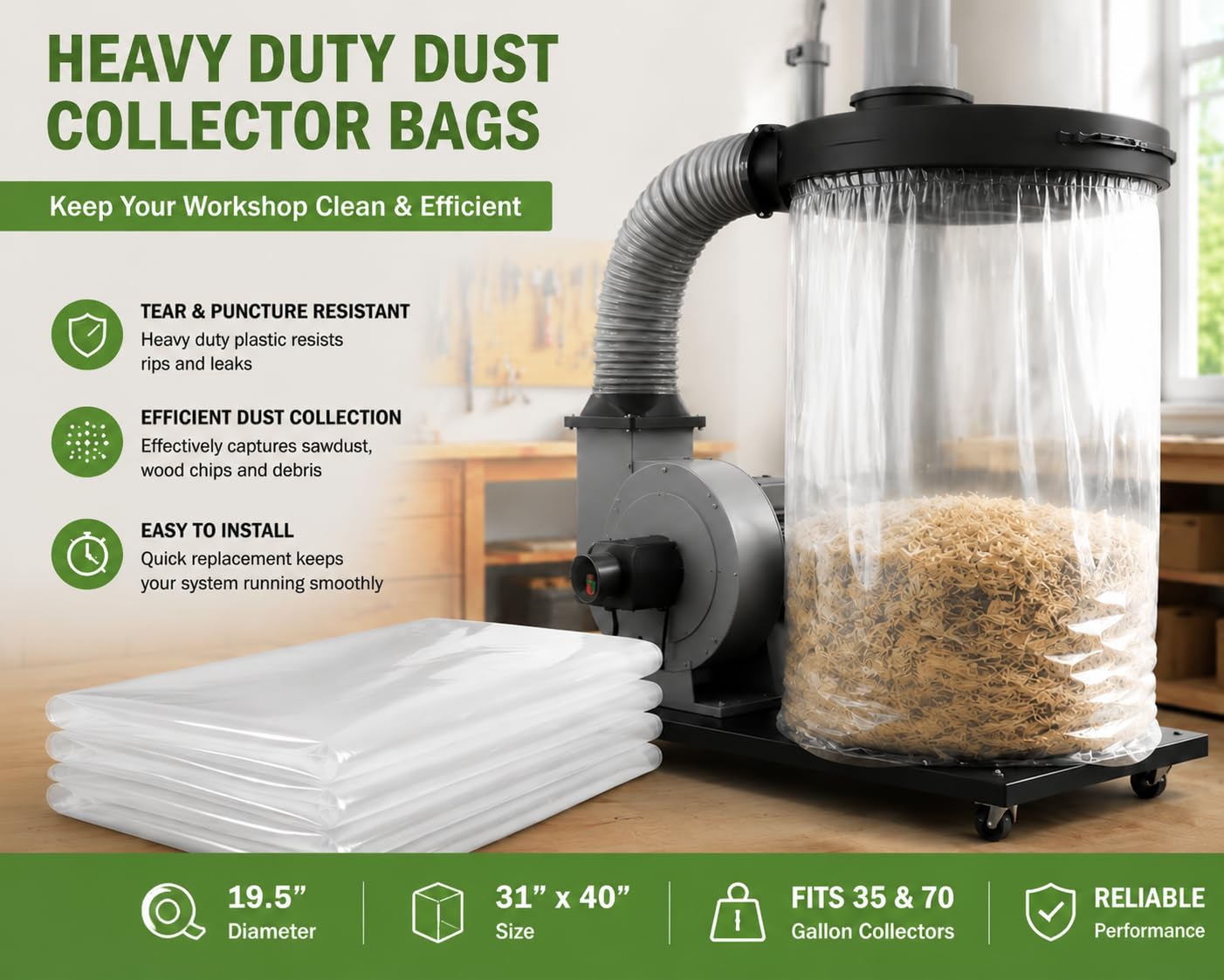 Dust Collector Bags 12 Pack 7 Mil Two Sided 19.5" Dia 31" W x40" L Woodwork (6 Count)