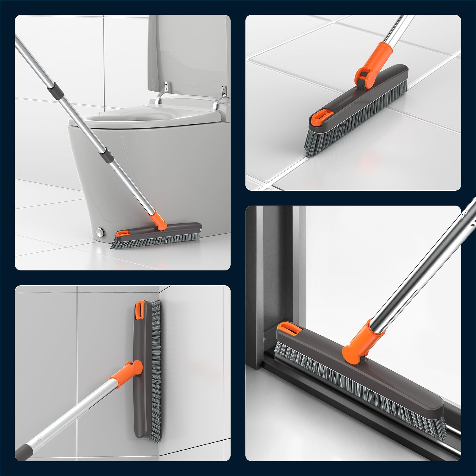 Heavy Duty Grout Scrub Brush with Long Handle & Hair Clip