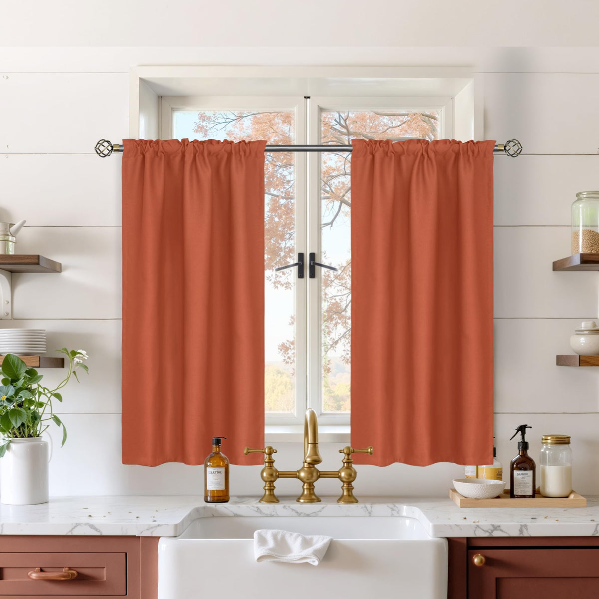 Terracotta Curtains 36 Inch Length for Kitchen Window Over Sink (2 Count)
