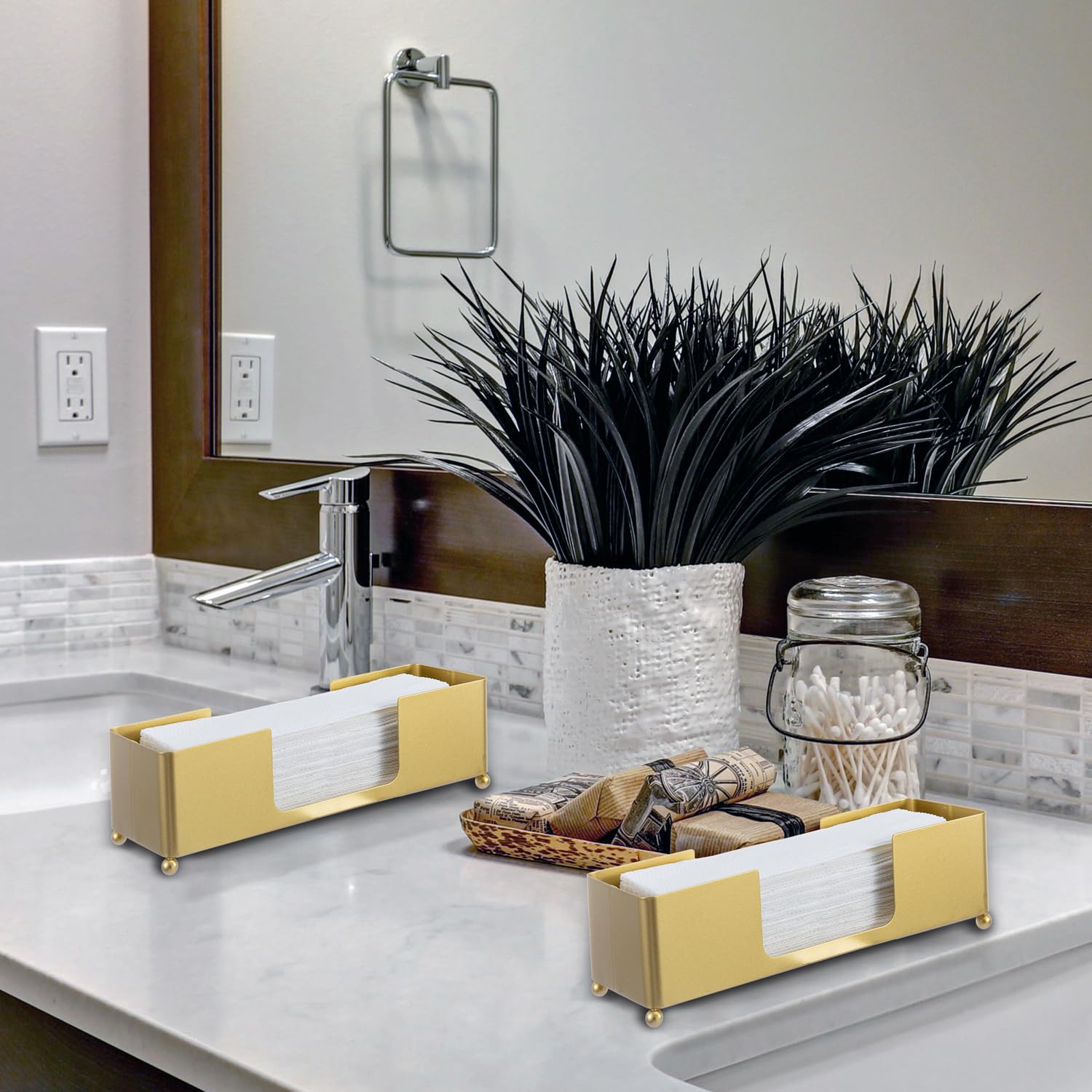 Brass Tone Metal Hand Towel Holder Countertop Dispenser Set of 2 (2 Count)