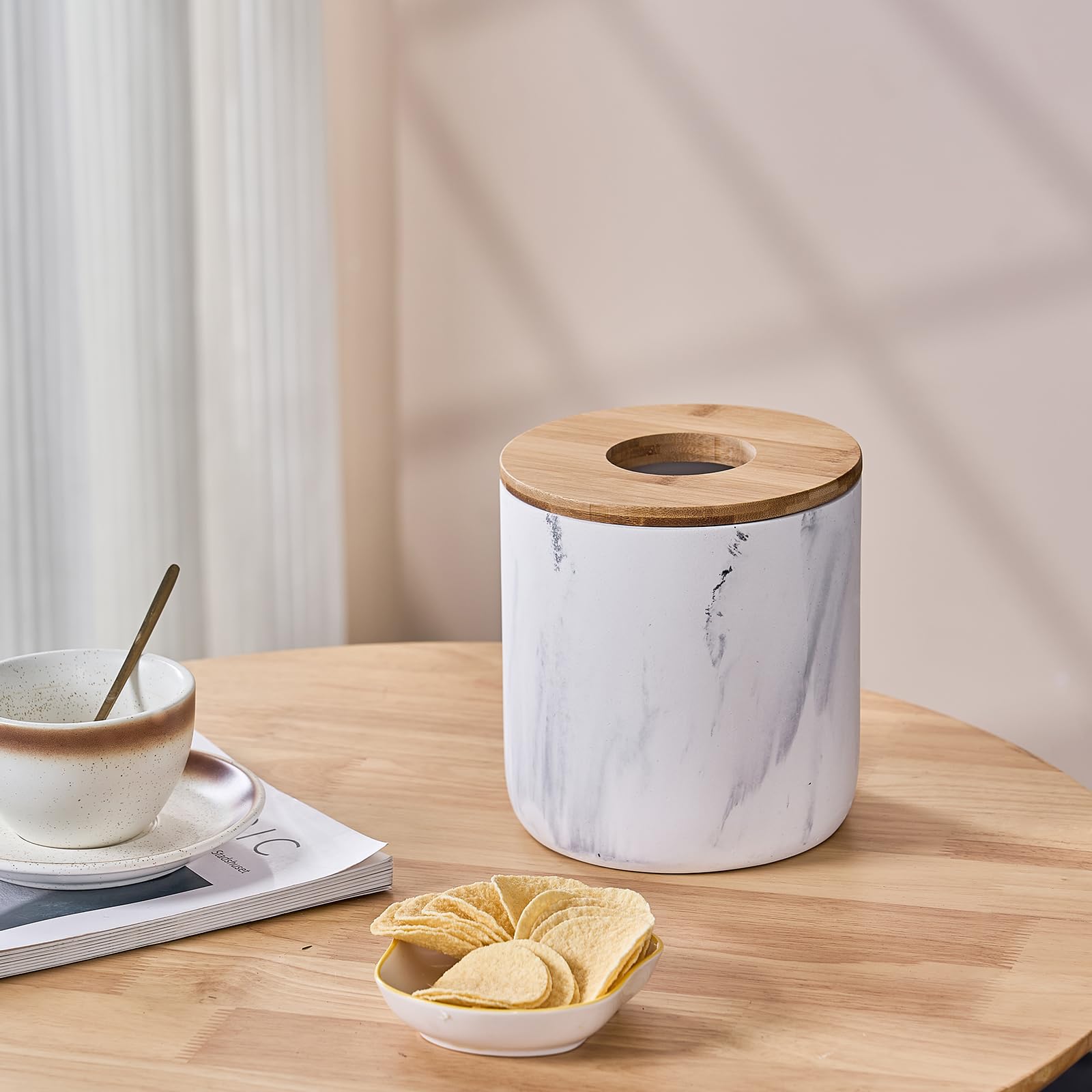 Marble White Mini Trash Can with Bamboo Lid