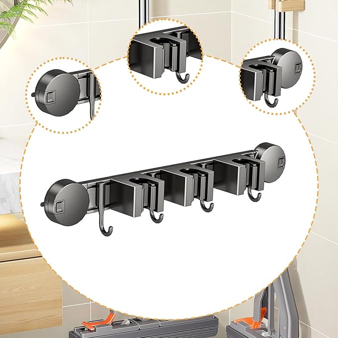 Wall-Mounted Mop and Broom Holder with Aluminum Housing, Rubber Tray and Hooks for Secure Storage of Cleaning Tools for Kitchen, Garage, 43.7cmx5.5cmx7.5cm
