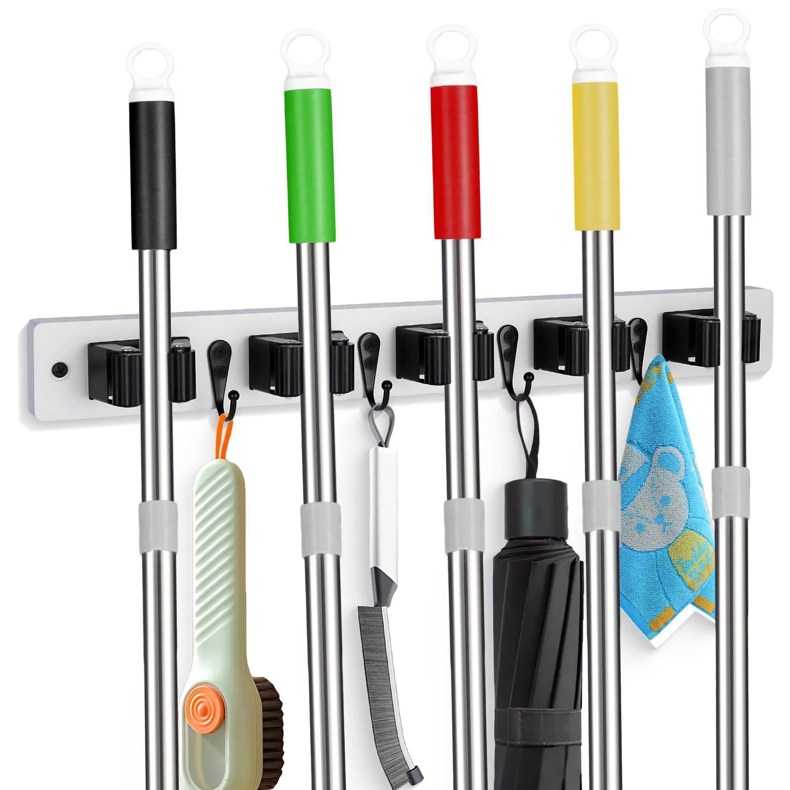 2 Pack Broom Holder Wall Mount With 5 Slots & 4 Hooks (2 Count)