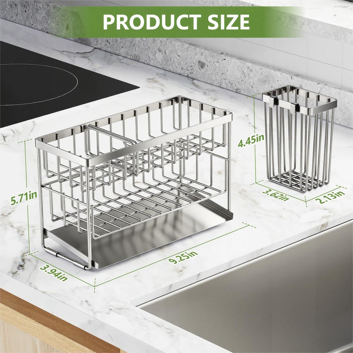 Silver 2 Tier Kitchen Sink Caddy Organzier Rack with Flexible Dish Brush Holder