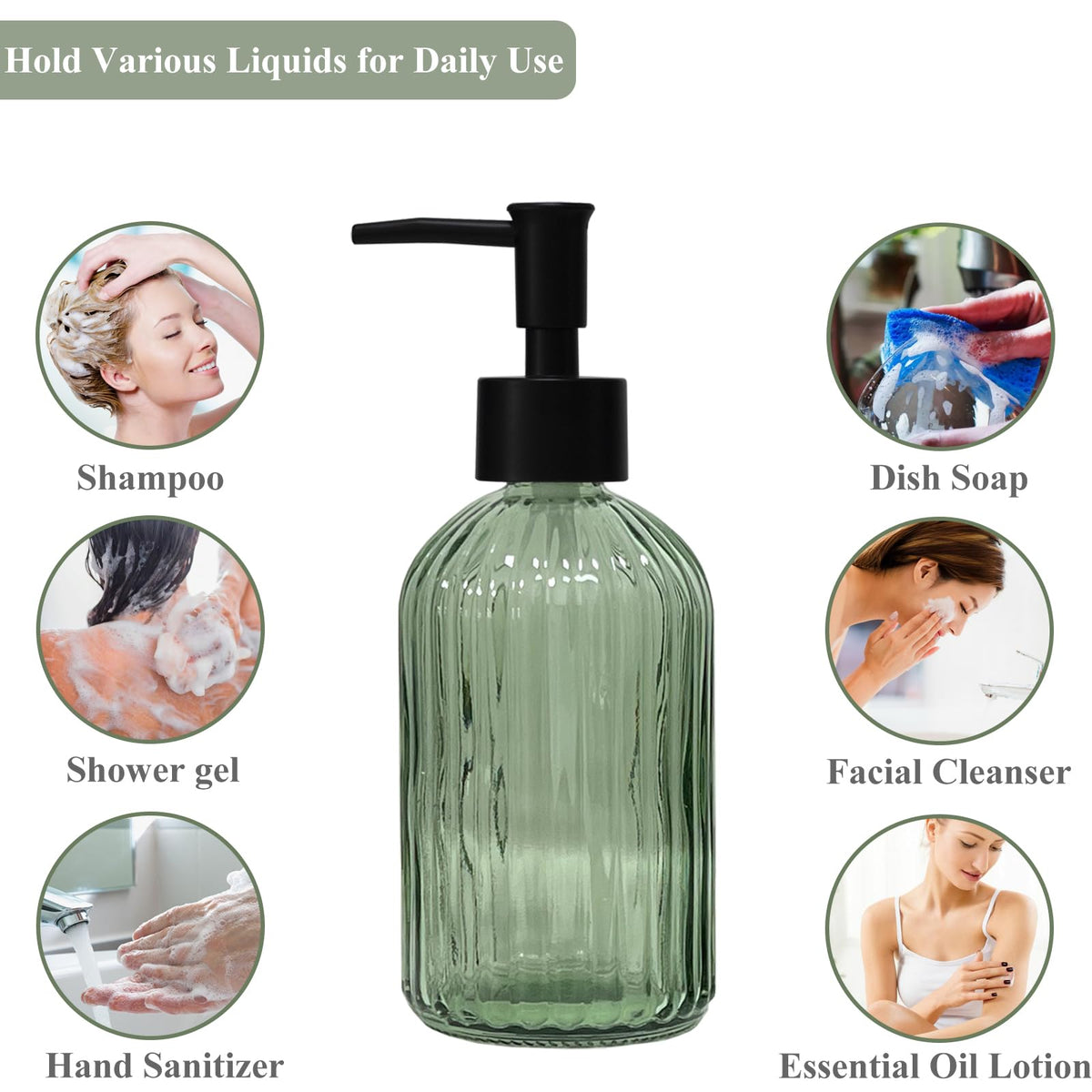 Green Glass Soap Dispenser with Black Plastic Pump