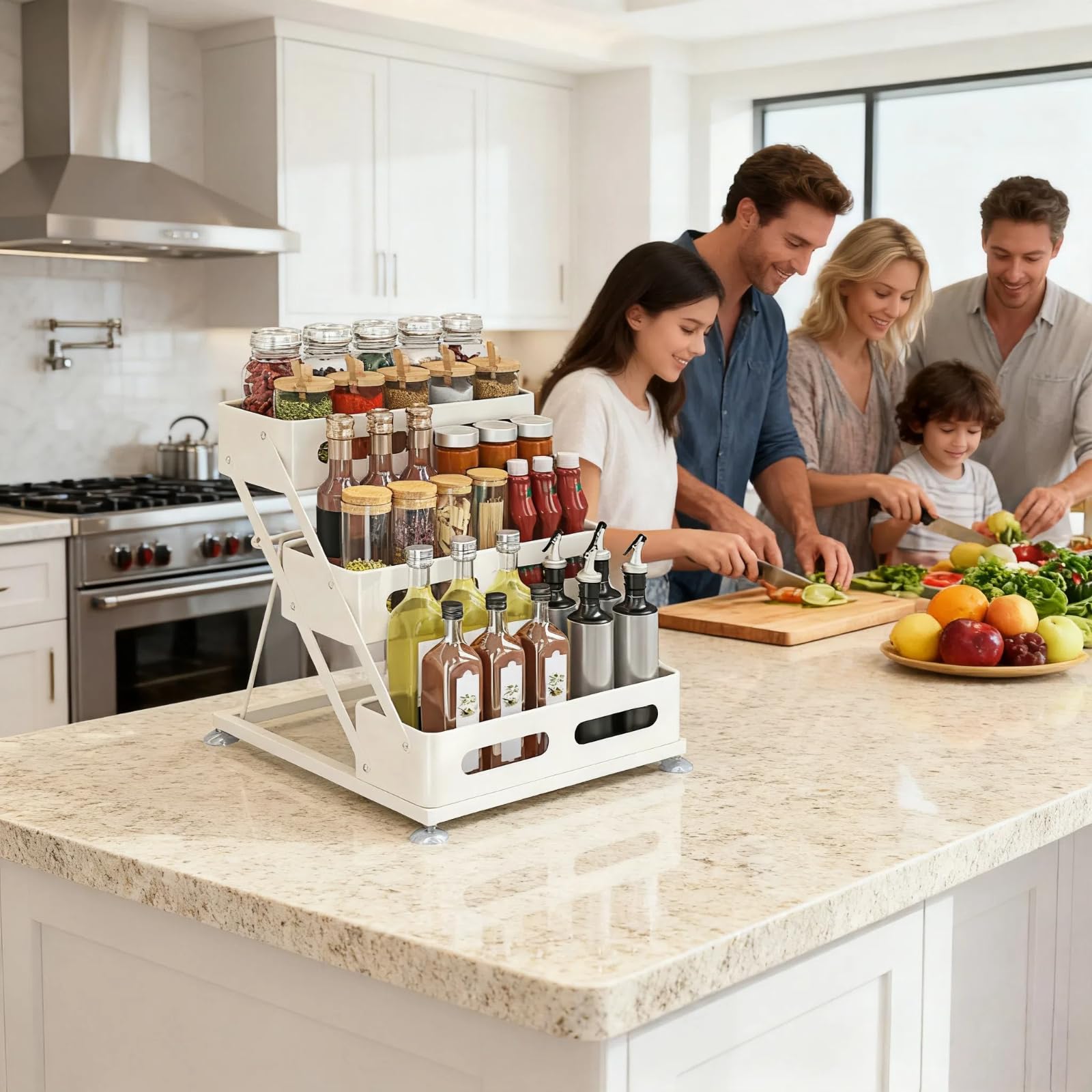 Spice Rack 3 Tier Foldable Seasoning Organizer Jars Storage Holder Step Shelf for Cabinet Kitchen Countertop Pantry Coffee Bar White