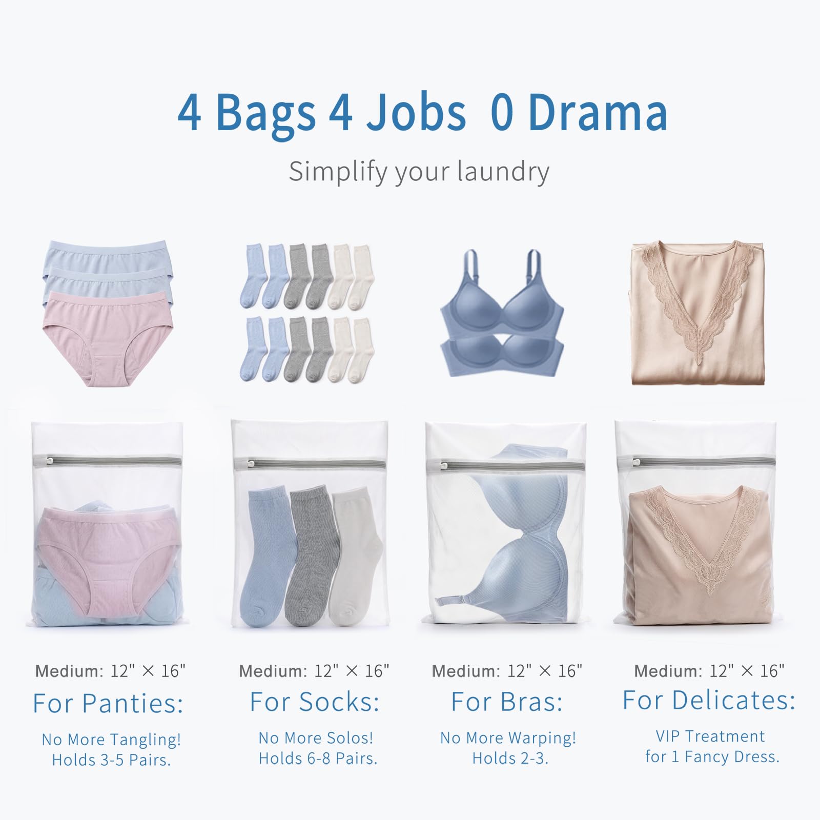 4Pcs Durable Fine Mesh Laundry Bags for Delicates 12 x 16 Inches (4 Count)