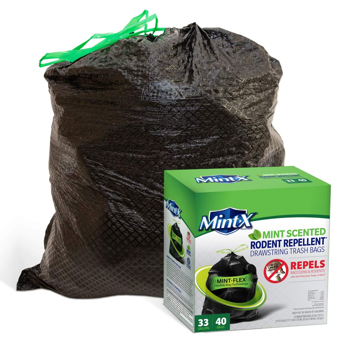 Rodent Repellent Outdoor Home and Industrial Trash Bags with Drawstring & Mint (40 Count)