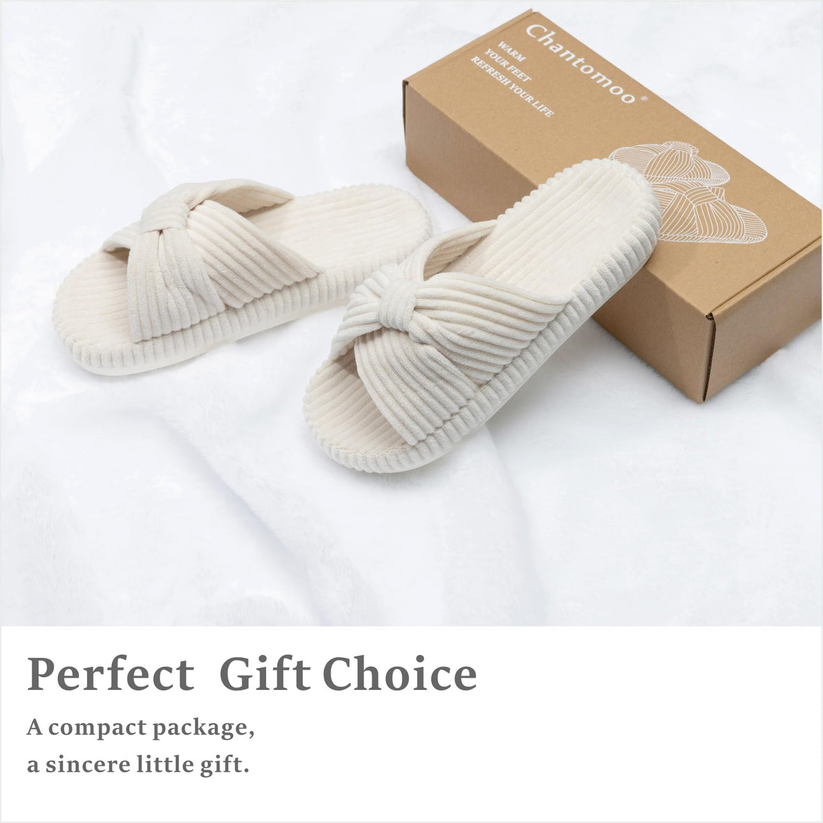Slippers for Women Memory Foam House Bedroom Corduroy Bow Crossbands Slipper Shoes Comfy Trendy Gift Slippers Beige Size 5 6 5.5