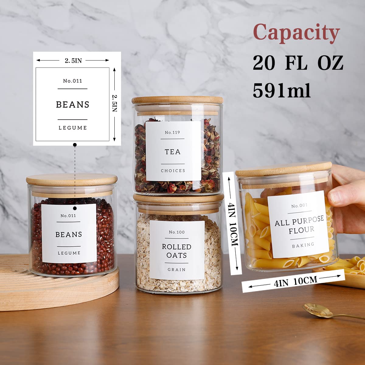 20 OZ Glass Food Storage Jars with 132 Pantry Labels Preprinted