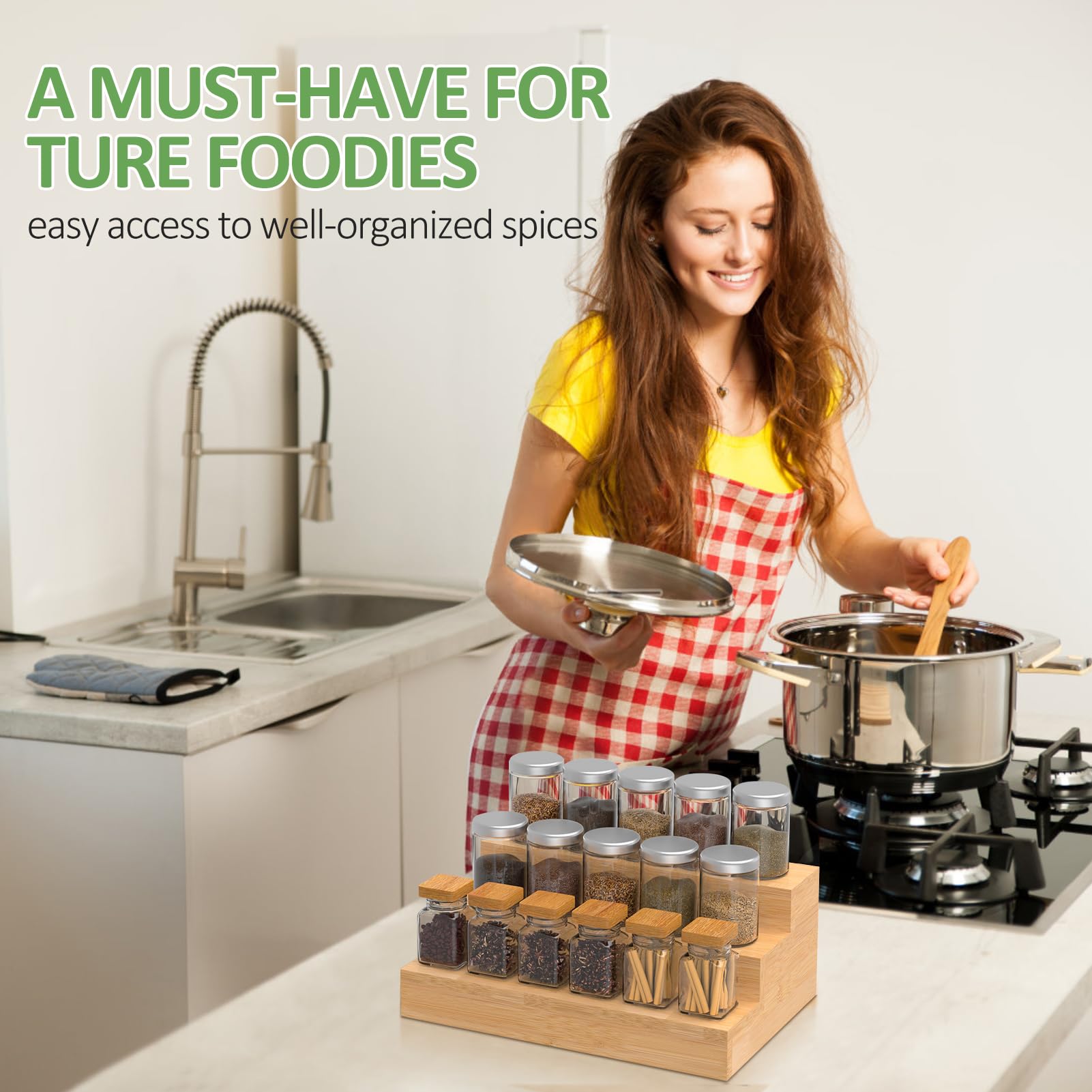 2 Pack Bamboo Spice Rack Organizer for Kitchen Counter (2 Count)
