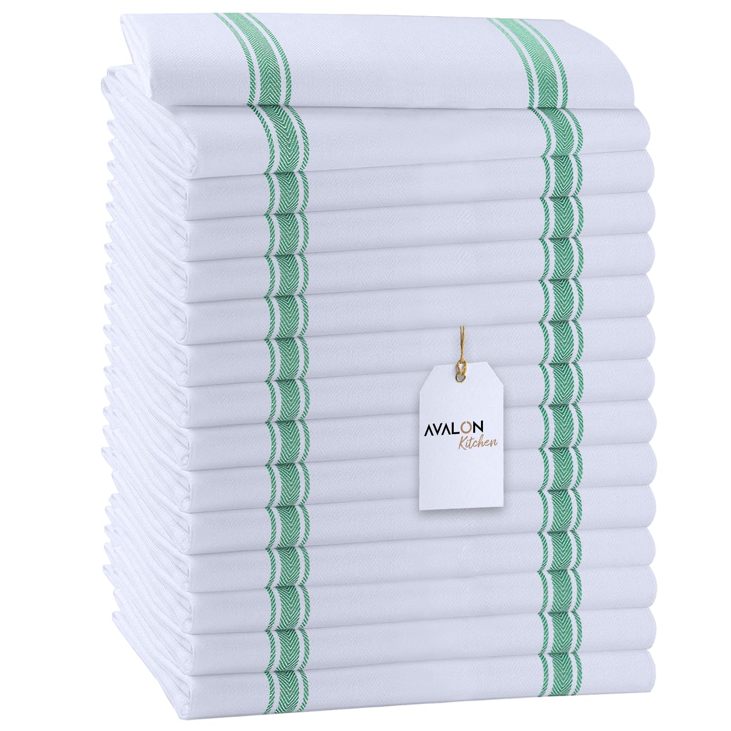 Dish Towels 15 Pack Green Stripe 100% Cotton Kitchen Towel 15x25 Inch Tea Towels (15 Count)