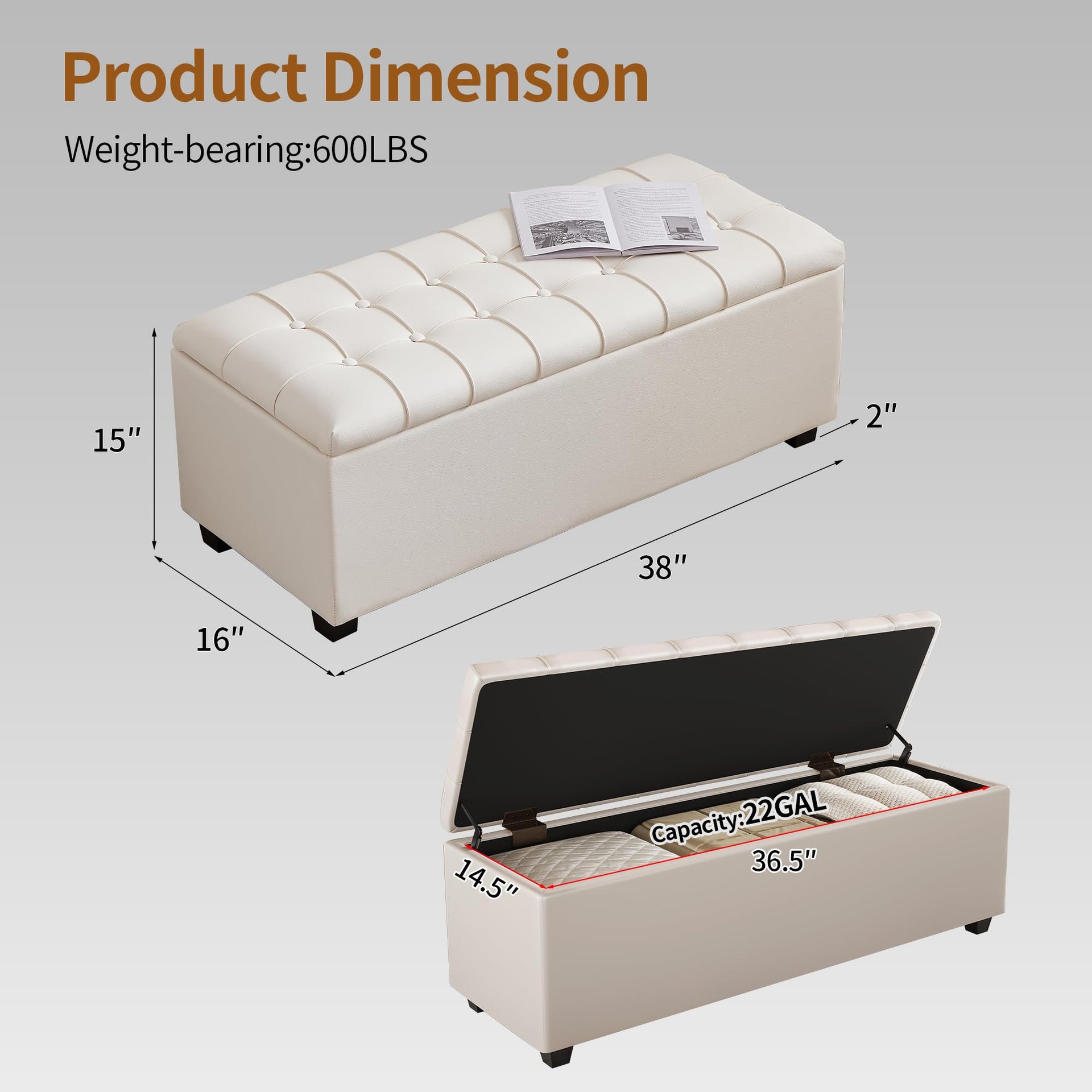 38" White Faux Leather Ottoman Storage Bench with Hinged Lid and Foot Rest