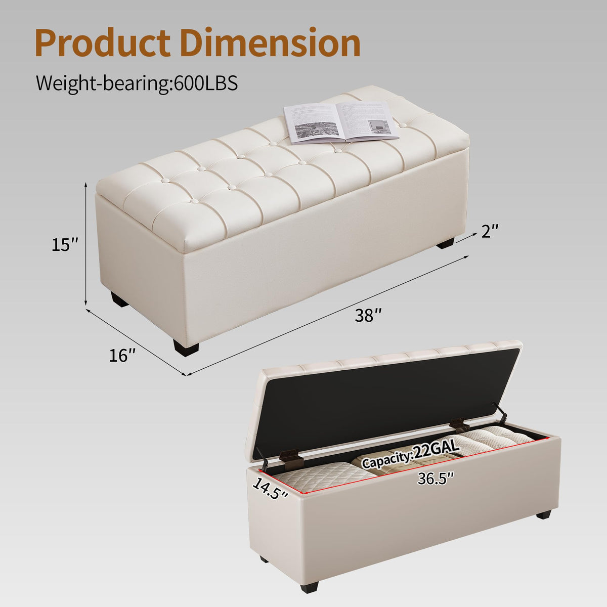 38" White Faux Leather Ottoman Storage Bench with Hinged Lid and Foot Rest