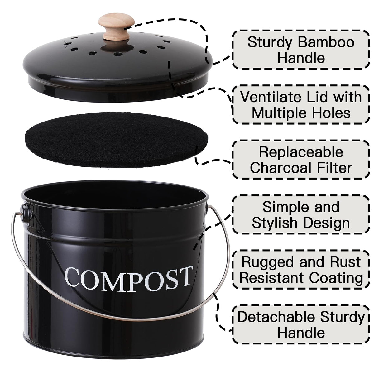 Compost Bin 1 Gallon Countertop Composter with Lid and Charcoal Filters