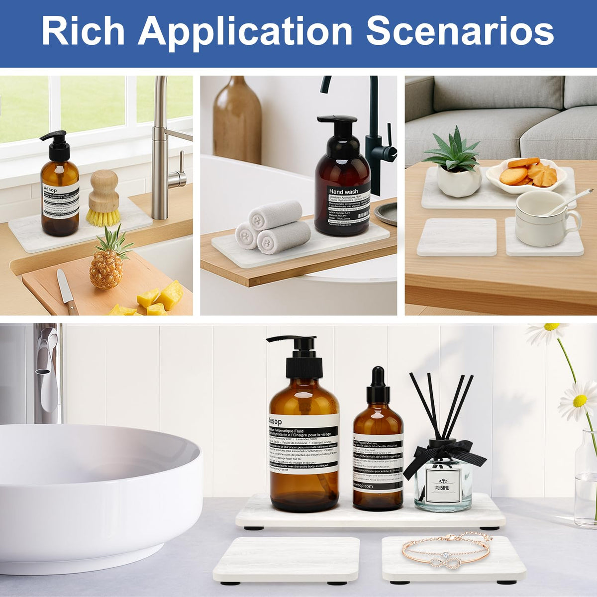 4 Pcs Water Absorbent Stone Dry Tray for Bathroom Sink Kitchen Counter Tray
