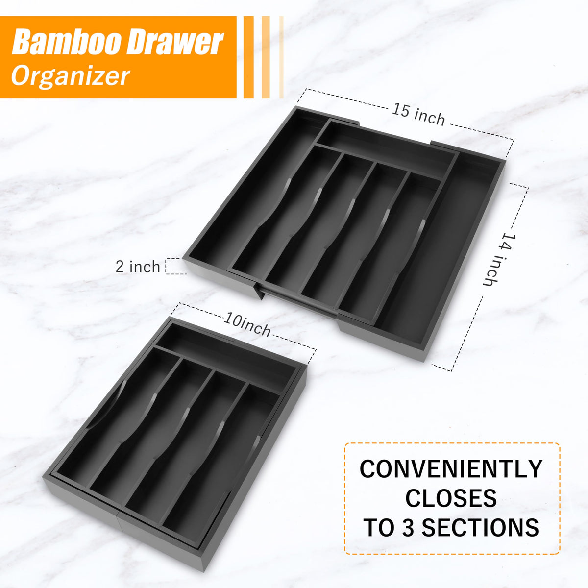 Black Silverware Organizer Kitchen Drawer Organizer Expandable Bamboo Utensil Holder Cutlery Tray for Kitchen Utensil and Flatware Bedroom Office