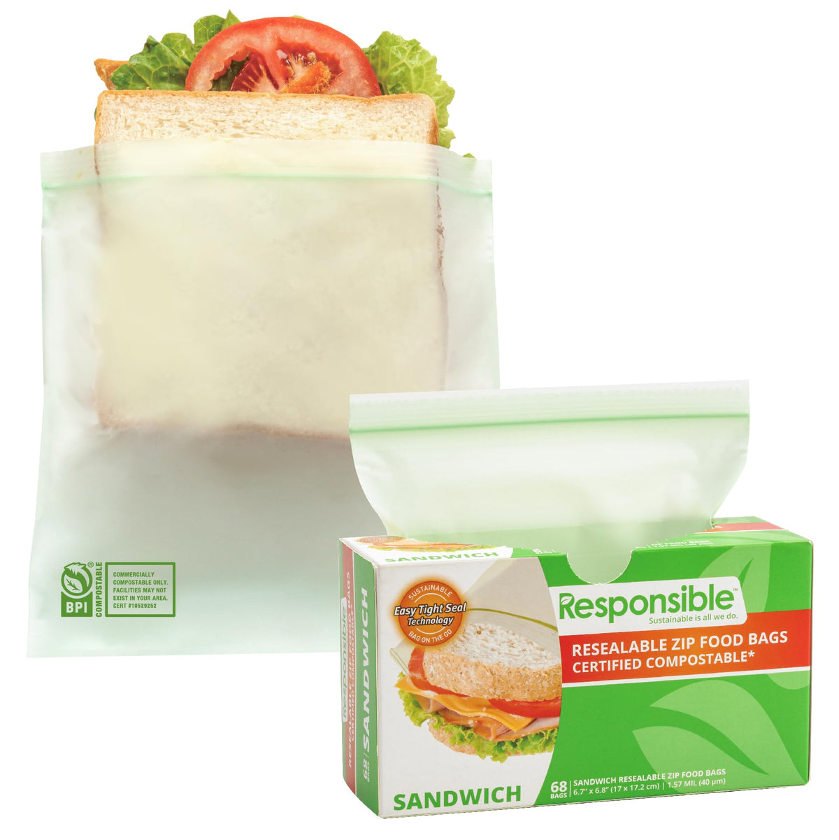 Certified Compostable SANDWICH Resealable Zip Bag (68 Count)