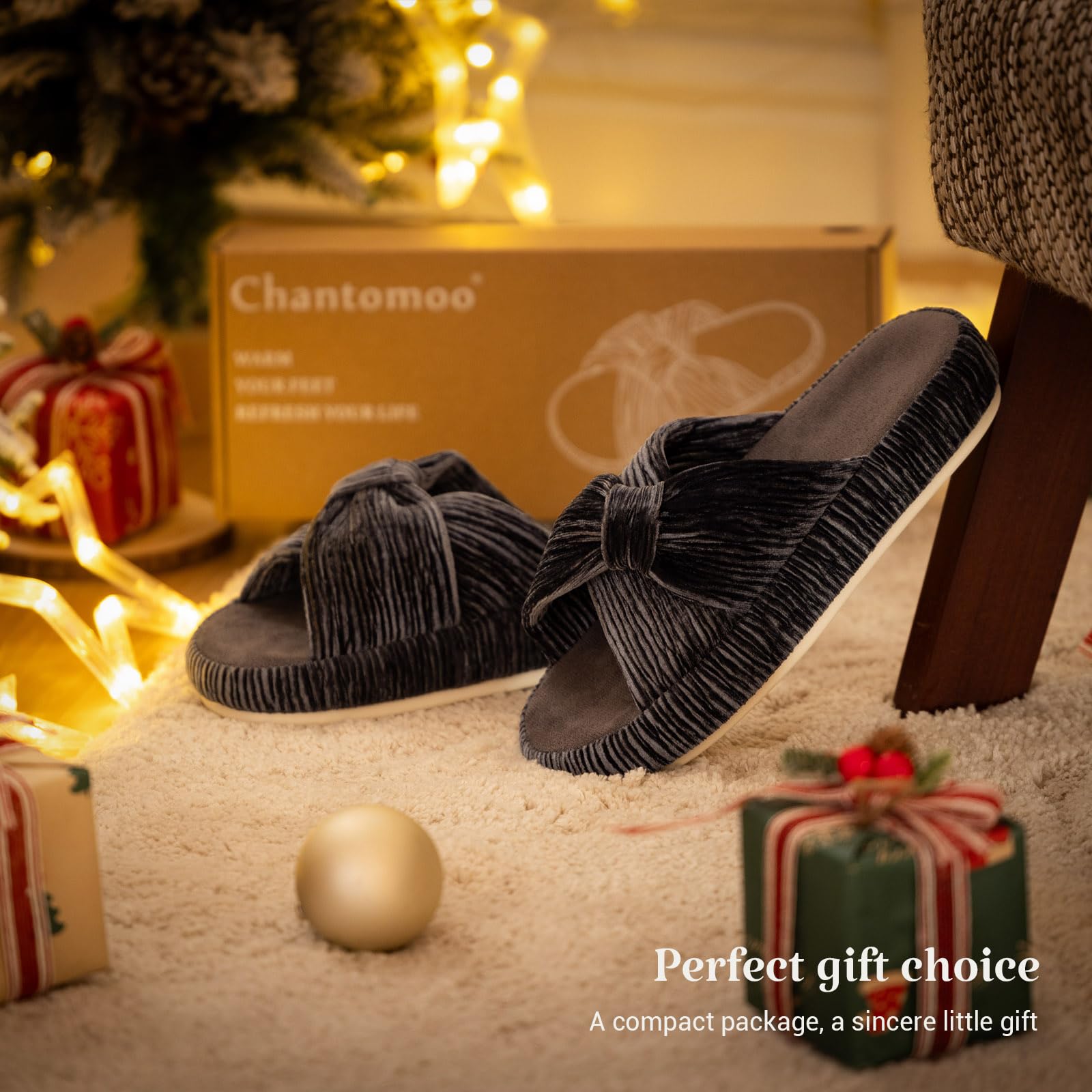 Slippers for Women Memory Foam House Bedroom Bow Crossbands Pearlescent Slipper Shoes Comfy Trendy Gift Slippers Grey Size 7 8 6.5