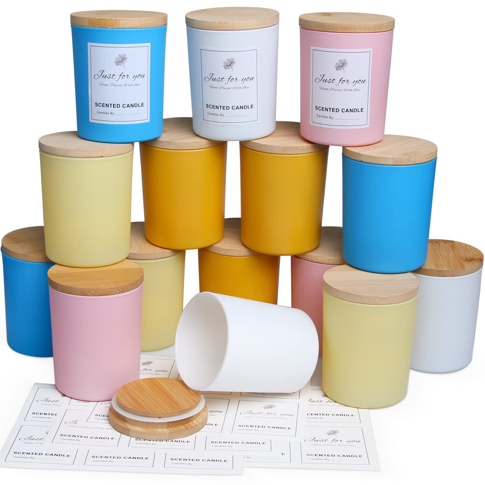 15 Pack 7 OZ Colorful Candle Jars with Bamboo Lids (15 Count)