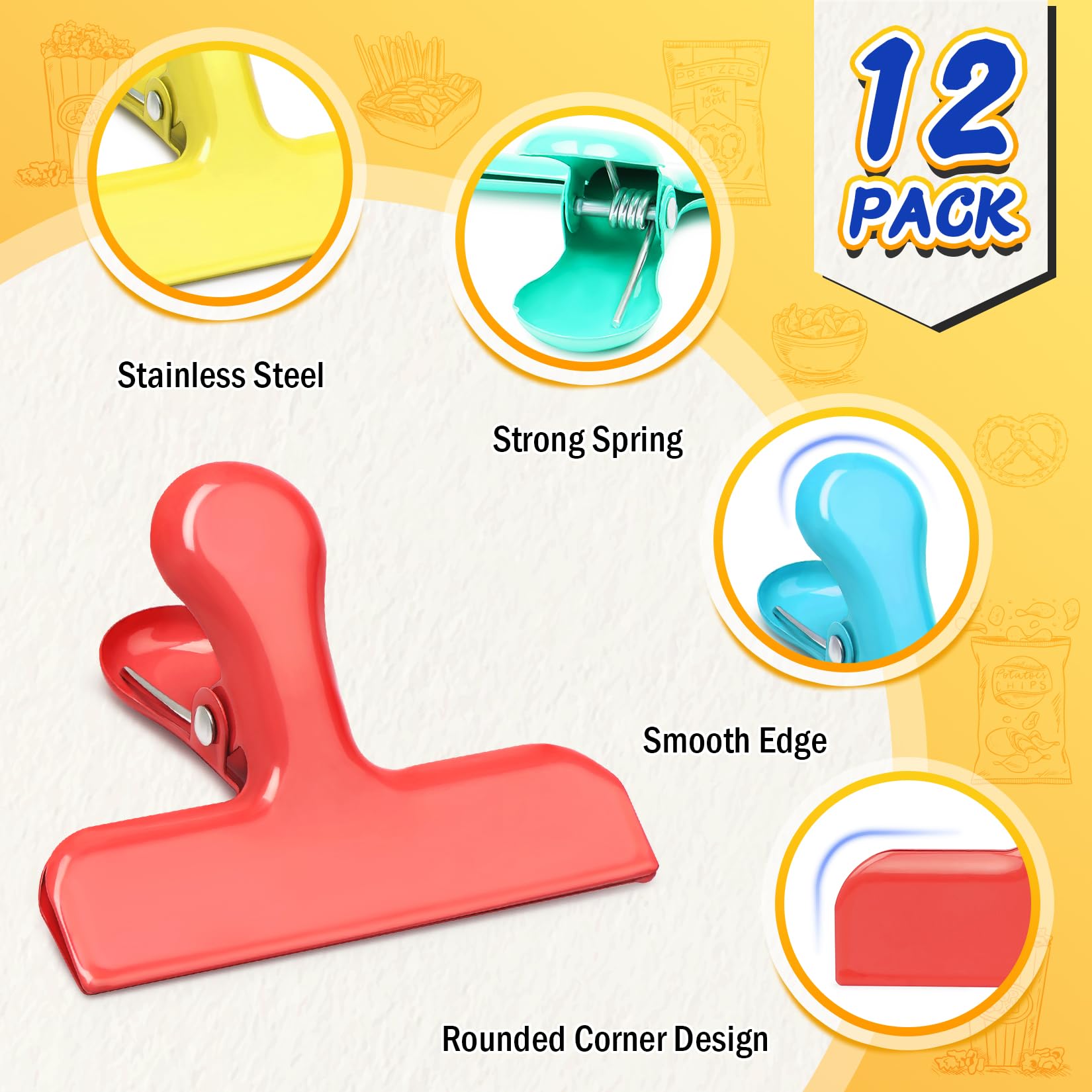 12 Pack Stainless Steel Chip Bag Clips (12 Count)