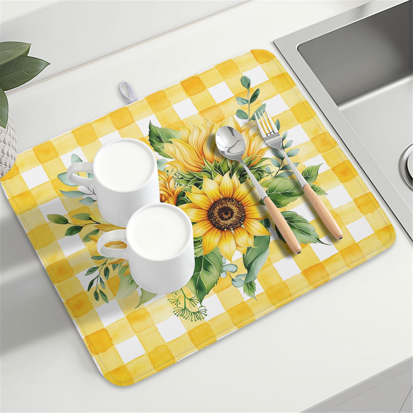 Sunflower Dish Drying Mat 18x24 Inch Absorbent Reversible Summer Sunflower Drying Mat Summer Plaid Dish Drying Rack Mat Yellow Summer Themed Dish Drainer Mat for Kitchen Counter Coffee Bar
