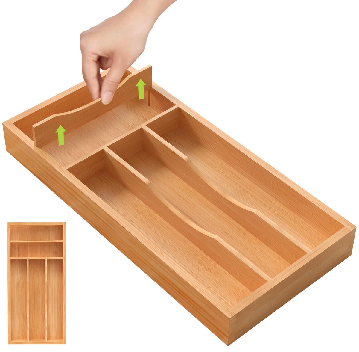 Bamboo Kitchen Silverware Organizer with Removable Divider